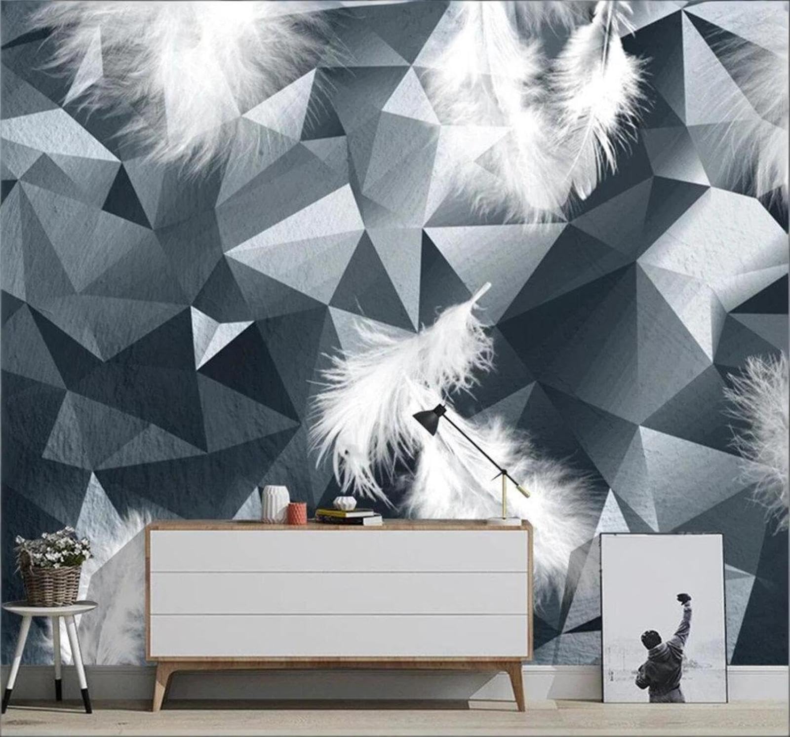 Xlming 400Cm×280Cm(B×H) Minimalist Three Dimensional Creative Geometric Feathers 3D Wallpaper Luxury Silk Study Dining Feature Sofa Grey Bedroom Living Room Tv Decorative Wall-400Cm×280Cm