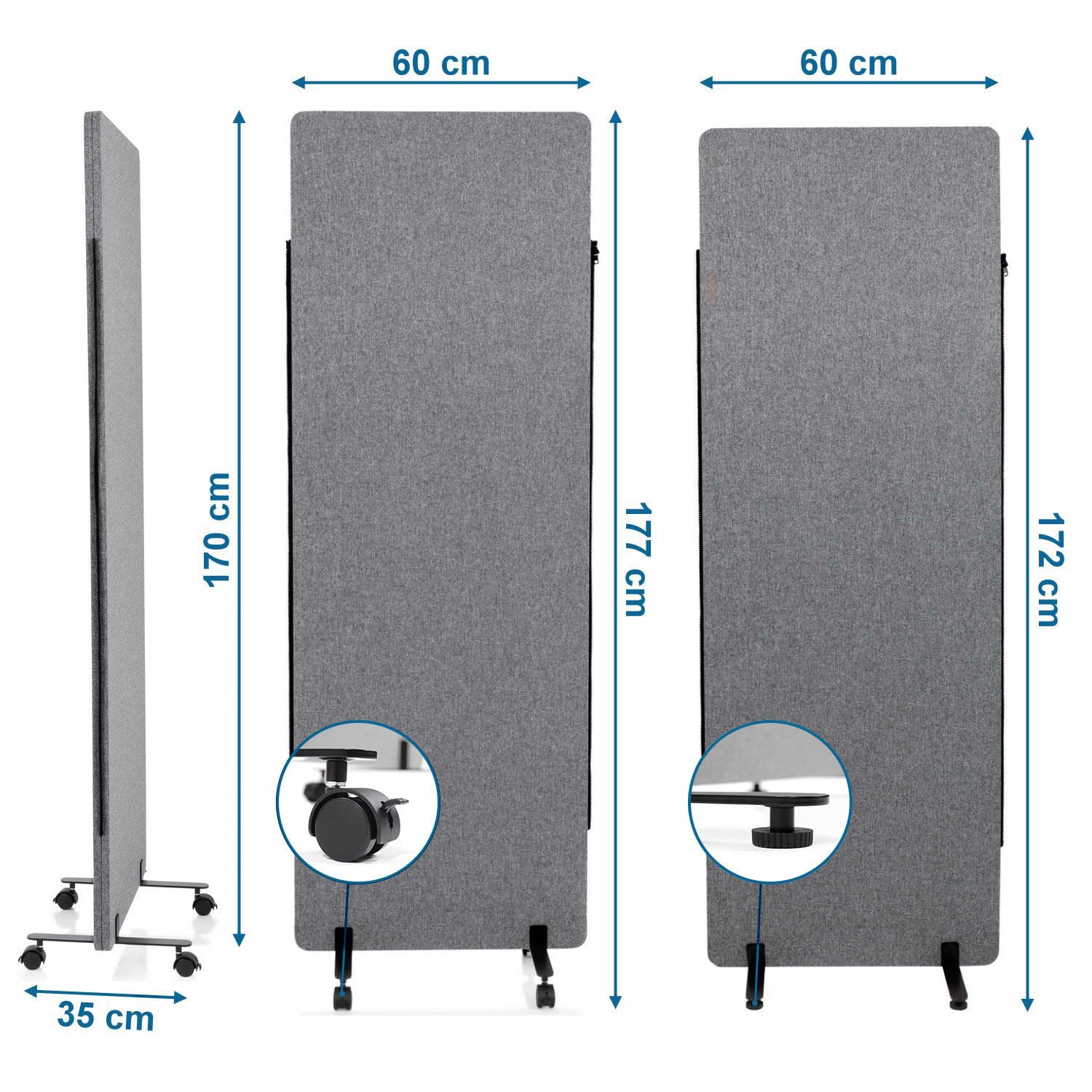 hjh OFFICE Mobile Akustik Trennwand 2er Set 177 x 60 cm FLEXMIUT Stoff Dunkelgrau Raumteiler mit Rollen & Gleiter 891006