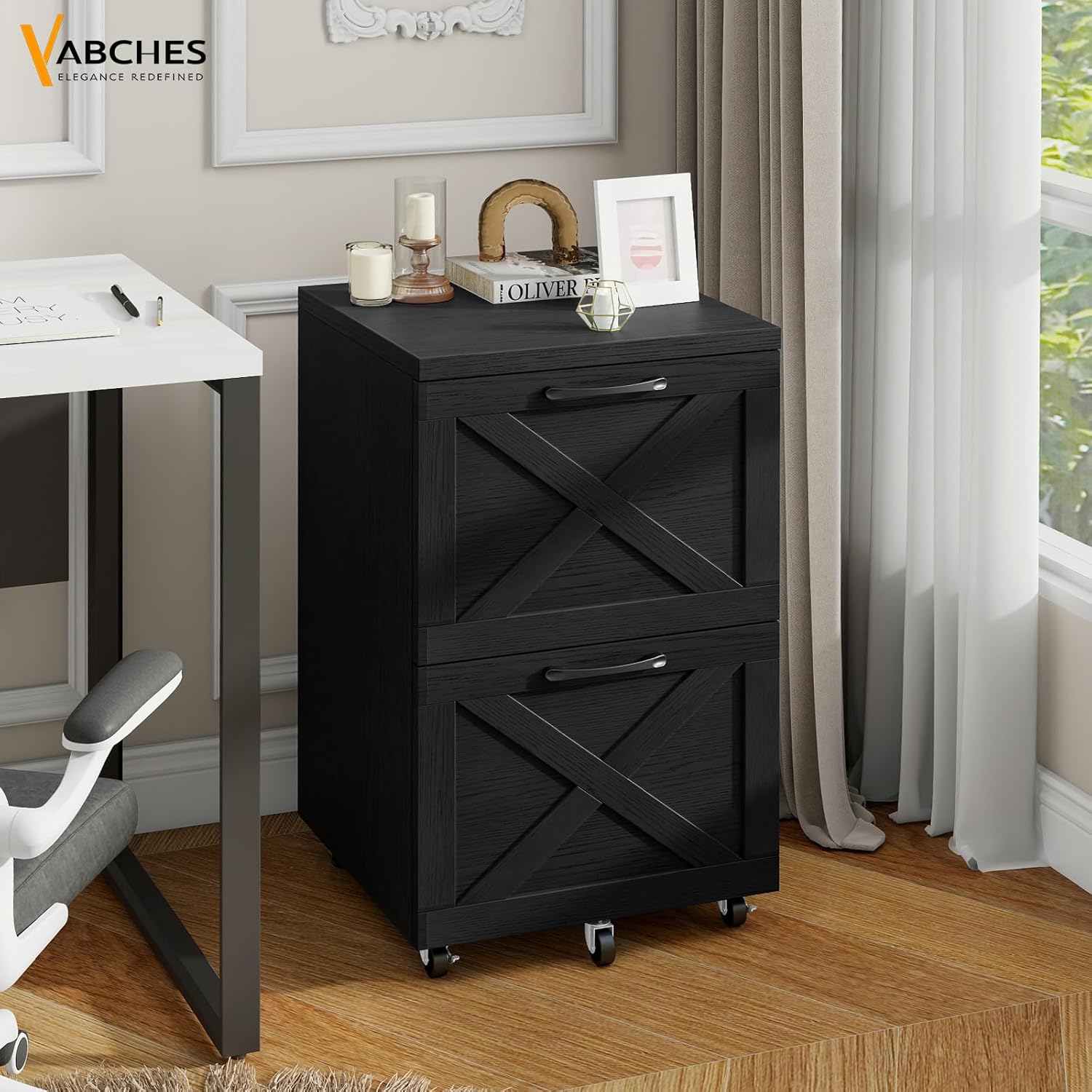 Vabches Farmhouse File Cabinet with 2 Drawers, Vertical Filing Cabinet on Wheels for Letter/A4 Size Hanging Files, Mobile File Cabinets Printer Stand for Home Office, Black