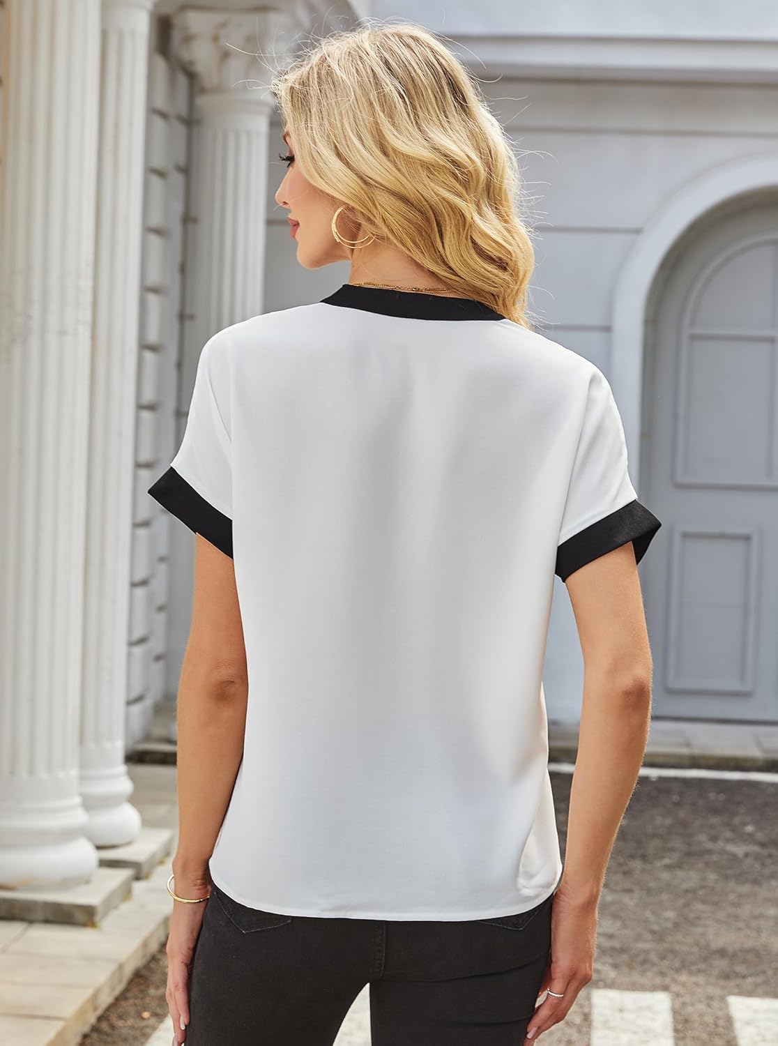 Avanova Women Color Block V Neck Short Sleeve Blouses Shirts Work Elegant Dressy Tops - Image 2