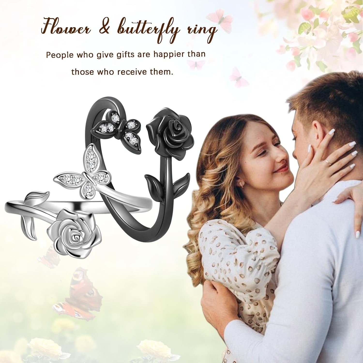 Jewmon Butterfly Rose Birthstone Ring for Women Mothers Day Jewelry Gifts for Mom 925 Sterling Silver Birth Stone Butterfly Ring Elegant Rose Promise Ring Birthstone Jewelry Gift for Girlfriend Wife
