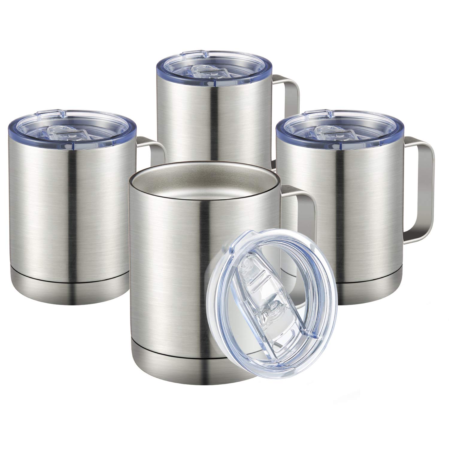 MEWAY 12oz Coffee Mug With Handle 4 Pack Bulk,Stainless Steel Insulated Travel Tumblers With Sliding Lid,Double Wall Vacuum Camping Cup for Hot & Cold Drinks Tea (Sliver,Set of 4)