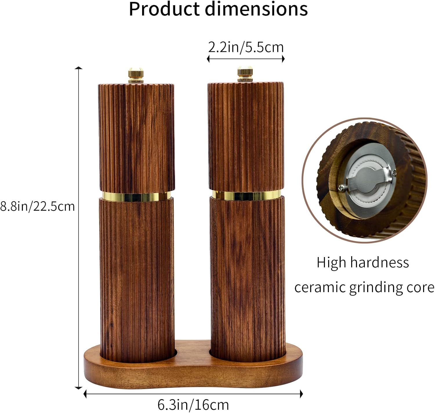 8 Inch Wooden Salt and Pepper Grinder Set, Adjustable Coarseness, Acacia Wood Pepper Mill Manual, Salt and Pepper Shakers Matching Wooden tray, Multi Purpose Grinder