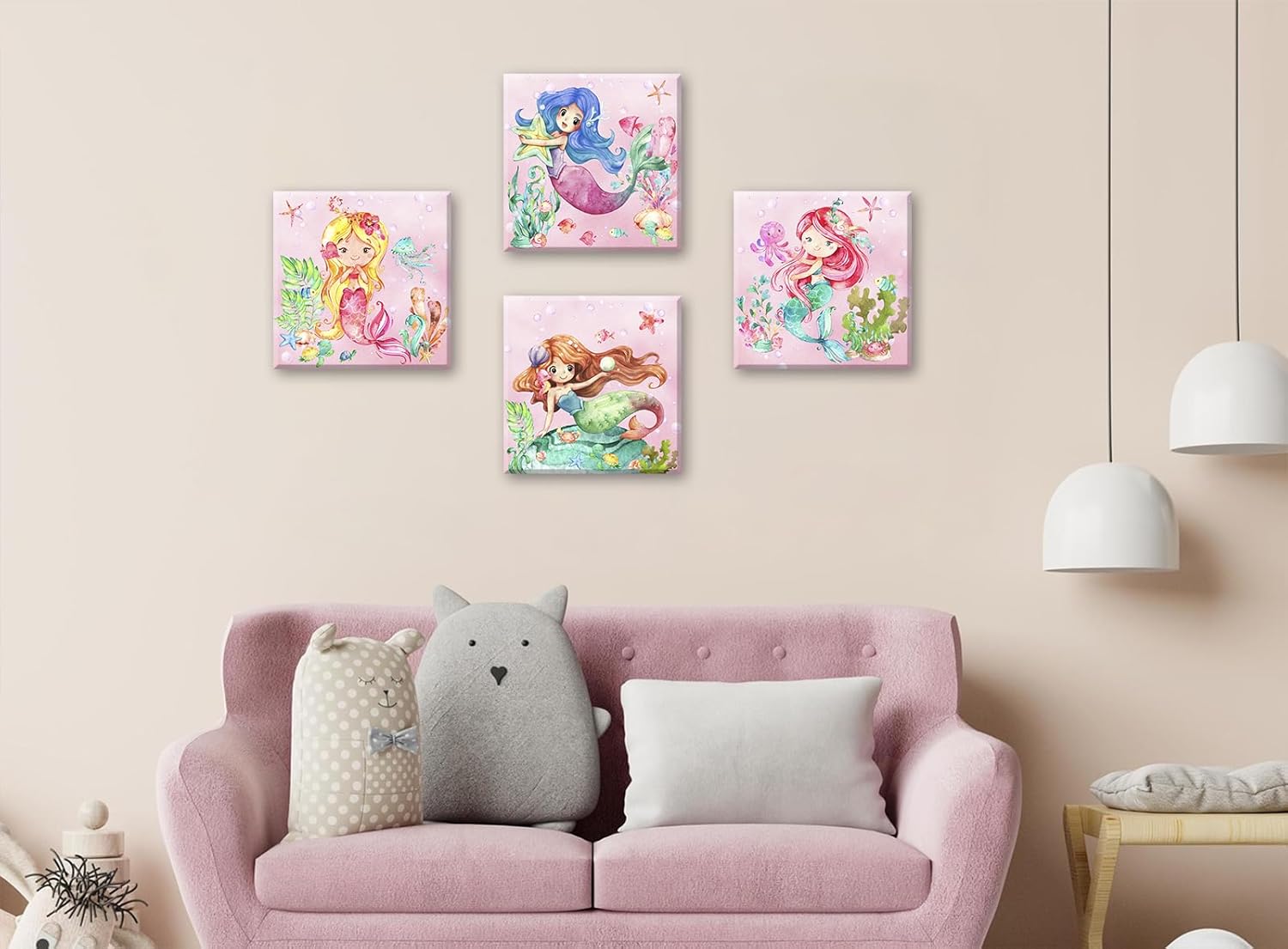 BLINFEIRU Mermaid Canvas Wall Art Set of 4, Cute Pink Watercolor Mermaid Pictures for Girls Room Bathroom Wall Decor, Modern Home Bedroom Nursery Decorations, Framed Artwork 12x12 Inch