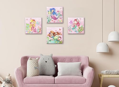 Miniatura 5 de BLINFEIRU Juego de 4 lienzos de sirena para pared, bonitas imágenes de sirena de acuarela rosa para habitación de niñas, baño, decoración de pared