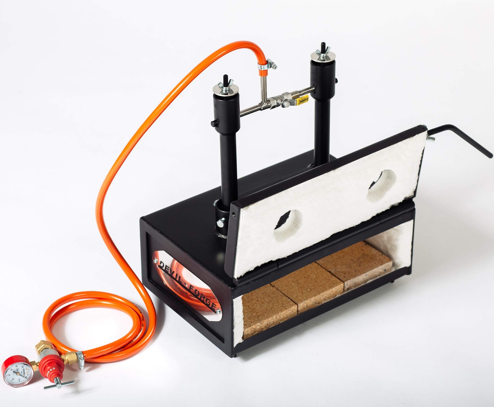 DEVIL-FORGE Fragua de gas DFHS2+1D/3.6” Horno de Forja, 2 Quemadores DFP (160.000 BTU) usas 1 o 2, Válvula de bola gas, Estrangulador de aire, 1 Puerta, cuchillos, herraduras, Herrero, Herrador 1370°C