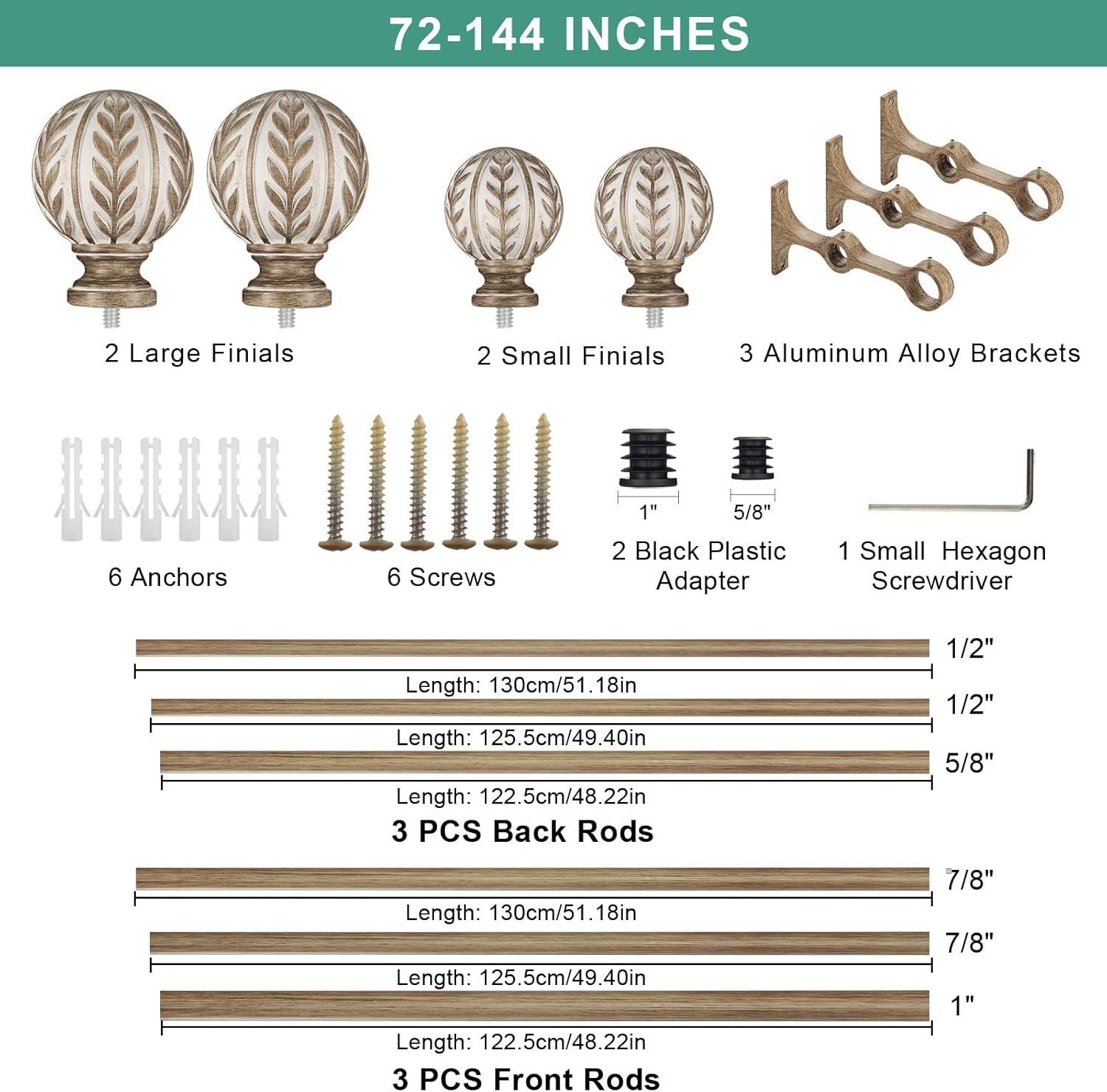 Wood Double Curtain Rods 72-144 Inch(6-12ft), Heavy Duty 1 Inch Front and 5/8 Inch Diameter Back Double Window Treatment Rod, Boho Drapery Rods with Imitation Dark Brown Wood Grain Finials