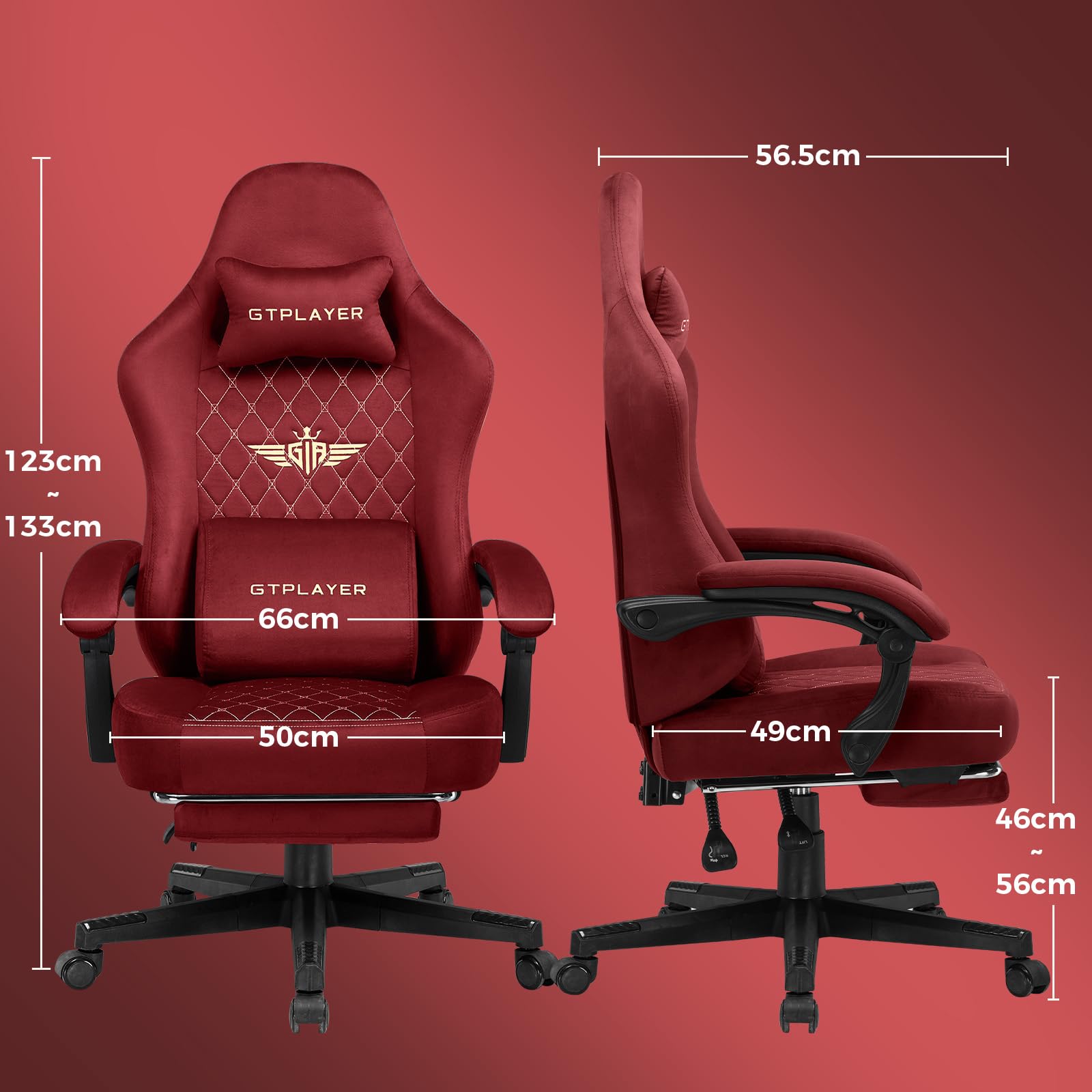 GTPLAYER Sedia da gaming, in tessuto, ergonomica, per ufficio, in PC, portata 150 kg, regolabile e girevole, con cuscino a molla e poggiapiedi, rosso