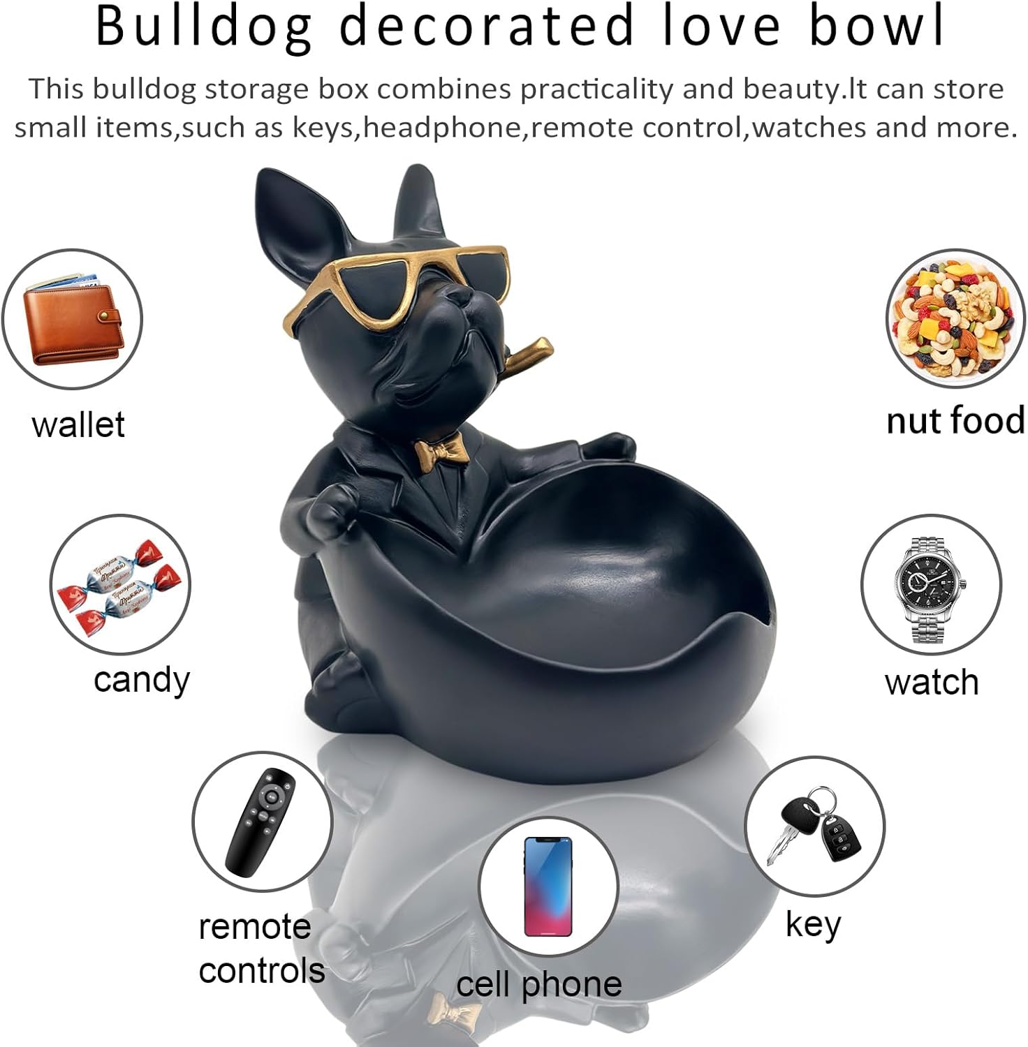 Bulldog Candy Bowl Decor, Heart-shaped Key Holder Bowl Candy Dish, Bulldog Accessories, Resin Bulldog Statue for Office Desk Home Decor Figurines Entryway Table Decor (Black) - Image 6