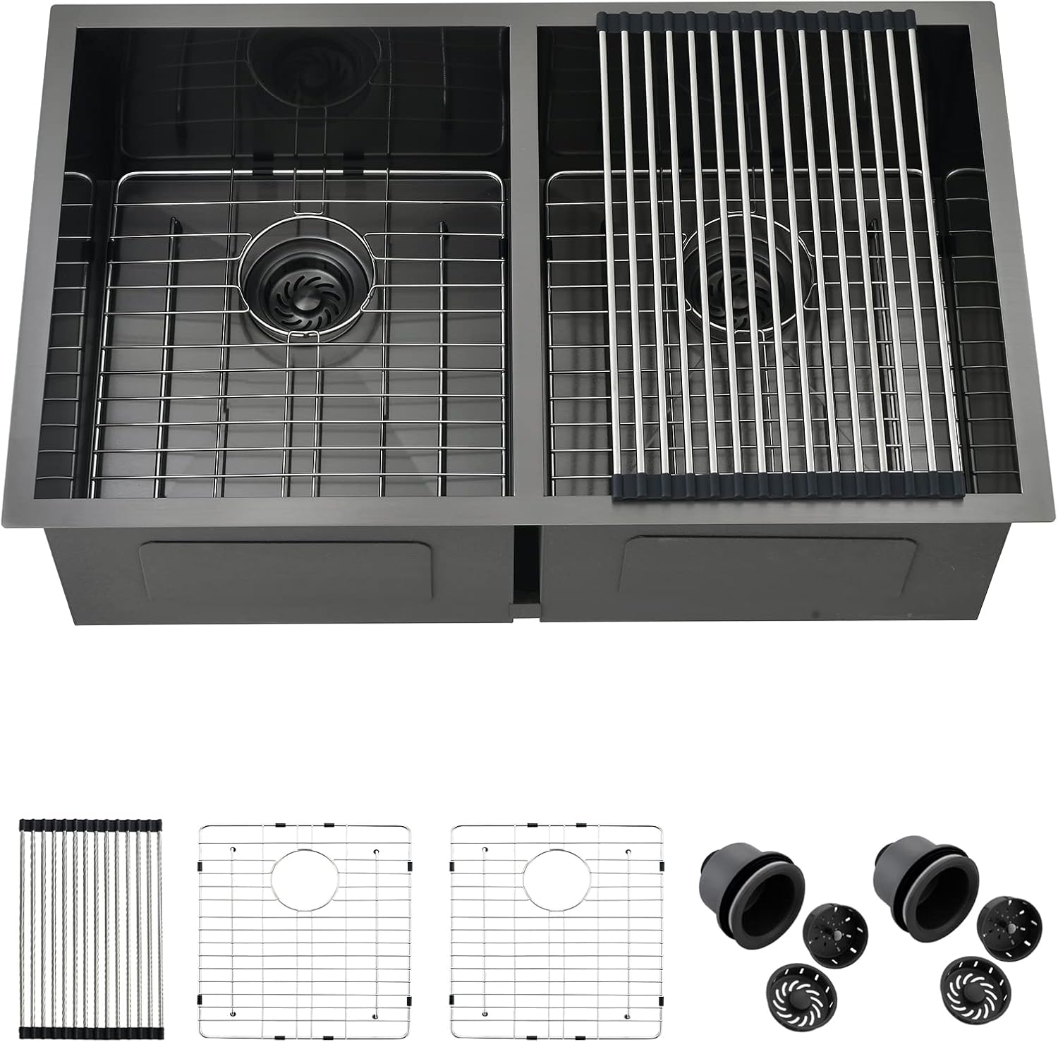 30 Double Bowl Black Kitchen Sink Undermount, ZDHHT 16 Gauge 30 x 19 x10 Inches Handmade Black Stainless Steel Double Bowl Kitchen Sink Undermount 50/50 Divide Basin Z10B3019B