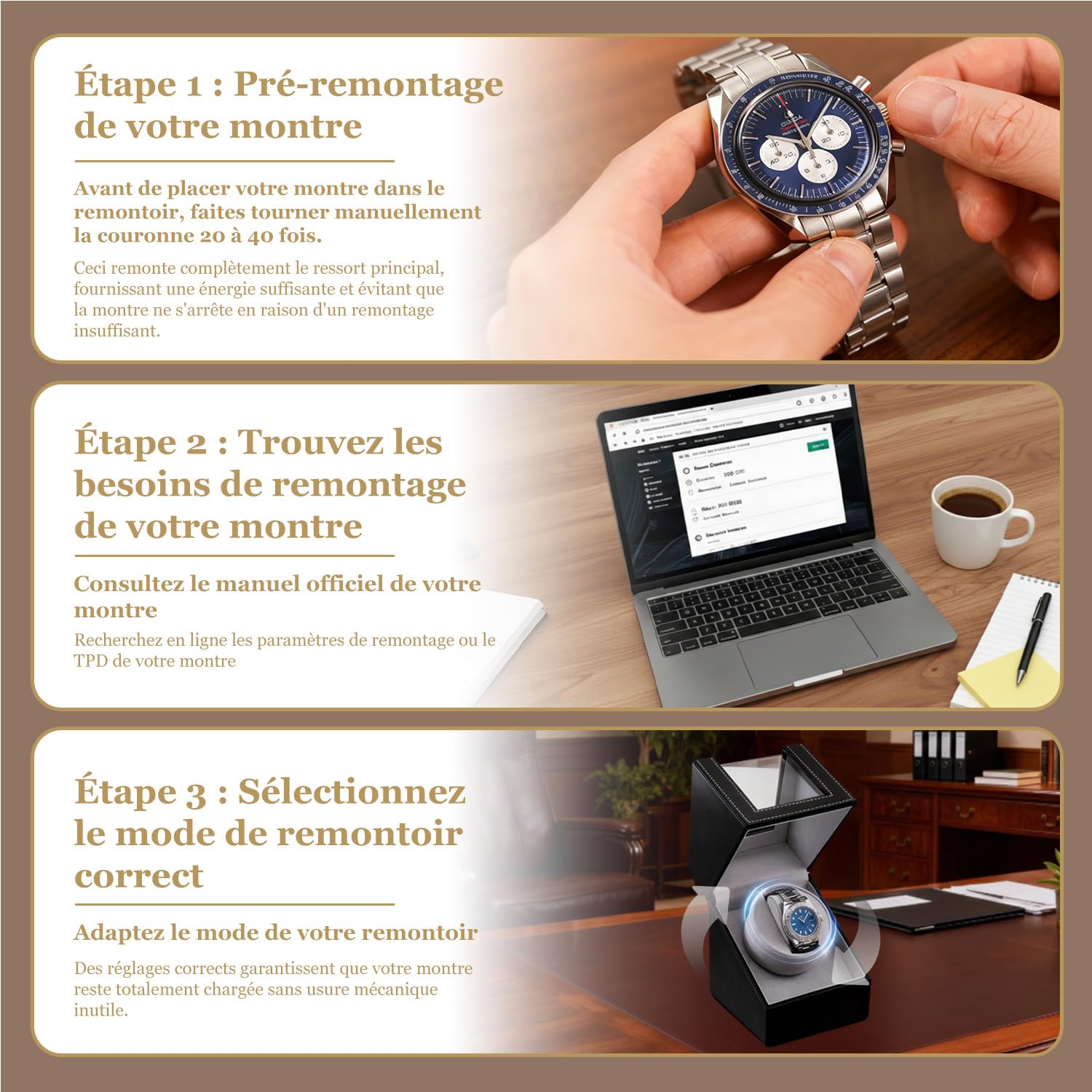 Mcbazel Watch Winder Boîte de Remontoir de Montre Automatique PU Cuir Simple Affichage de Montre Automatique Stockage de Montre Ecrins pour Montres Automatiques Moteur Silencieux Accessoires Montres