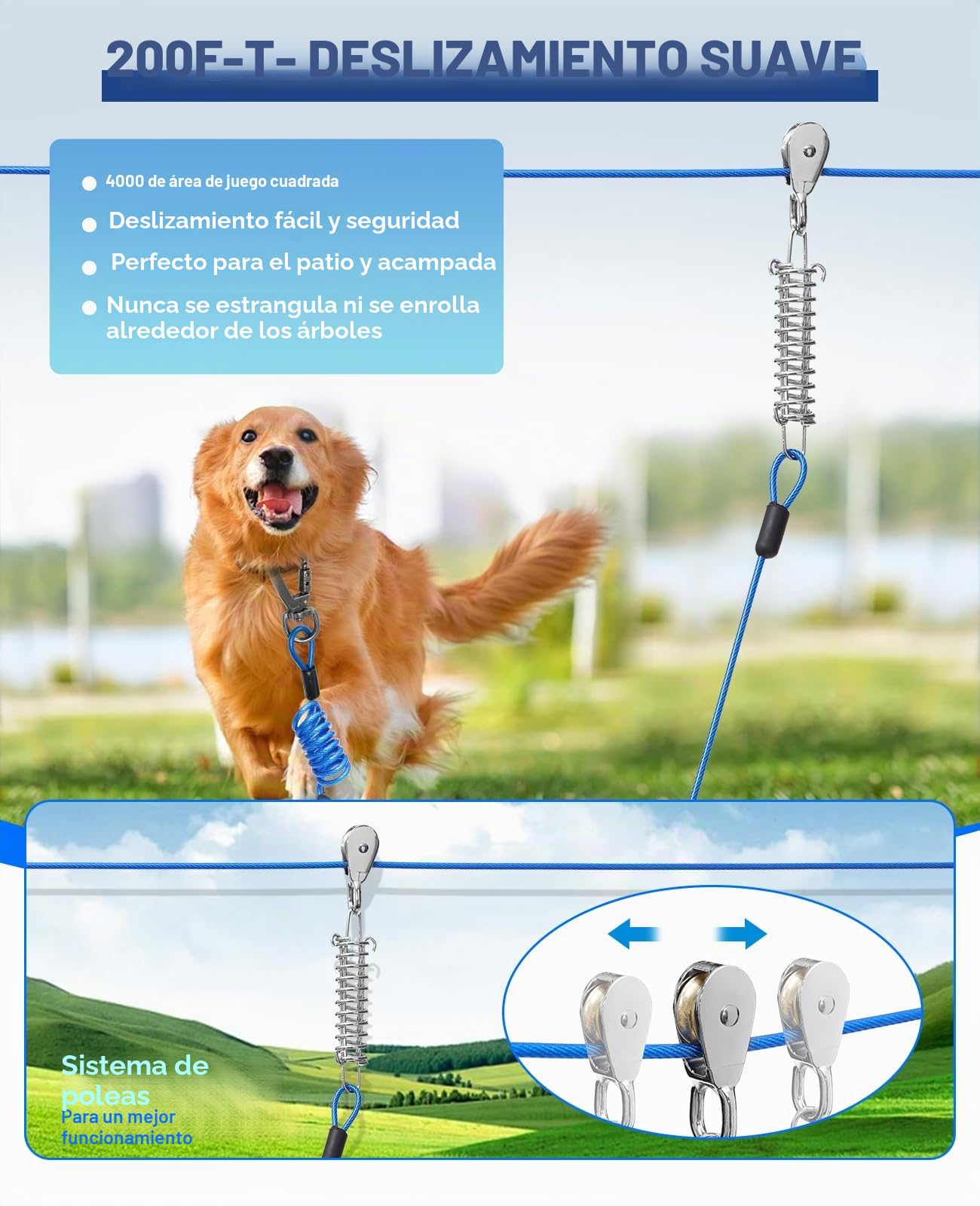 Corredor para Perros para Patio, Sistema de Carrito de Doble absorción de Impactos para Perros Grandes de hasta 250 Libras, Cable de Amarre Resistente de 200 pies con Correas de 10 pies, Cremallera