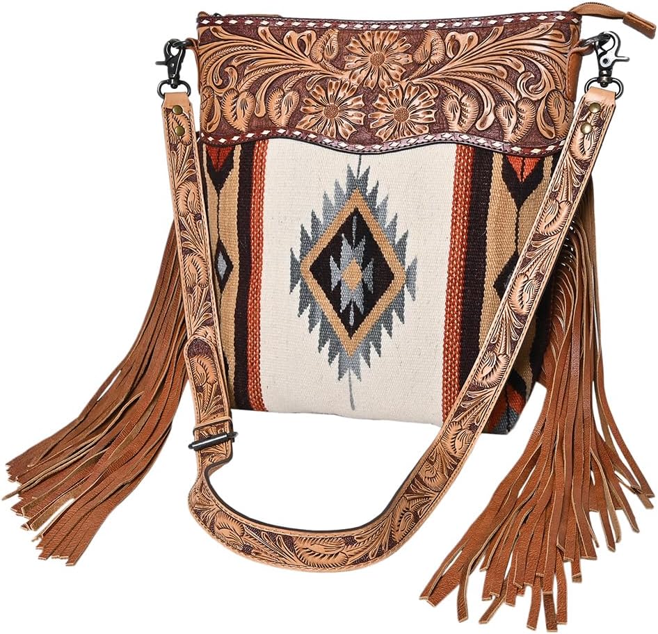 American Darling Signature Cross Body Bag Hand Tooled Floral Carved Leather Woven Saddle Blanket Fringes Genuine Leather