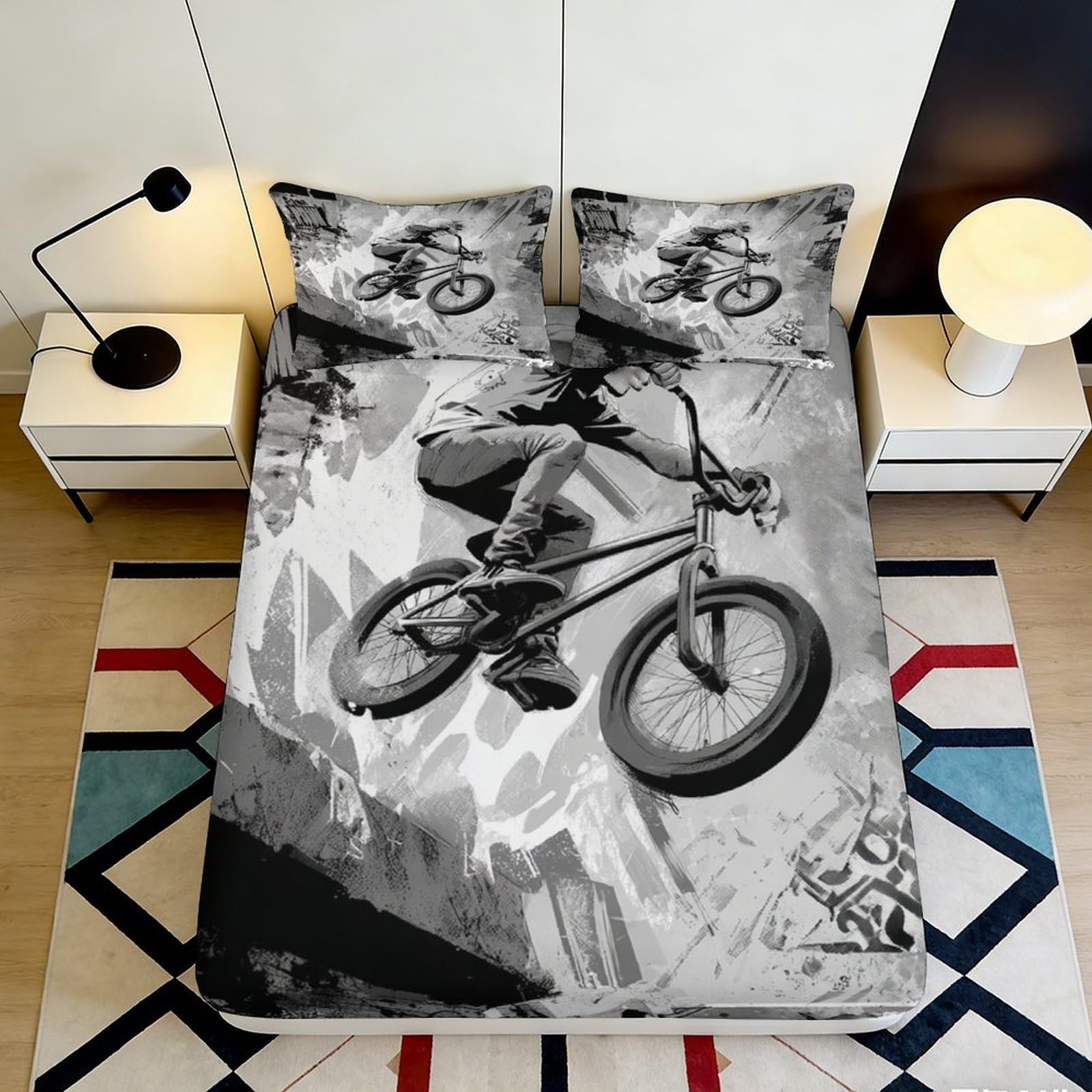 3D Printed Mountain Biking Fitted Sheet Microfiber Soft Black White Extreme Sports Bed Cover for Bedroom Dorm Mattress Protection 90x200x25cm