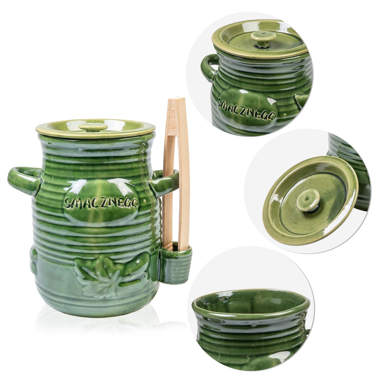 Olla fermentadora de cerámica de 3,5 l con pinzas de madera y tapa – Cacerola de fermentación para verduras, kimchi, pepinos y chucrut – verde esmaltado