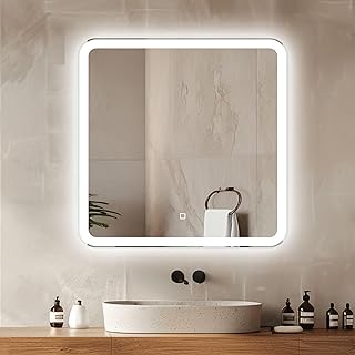 Venti 60x60cm Badspiegel mit Beleuchtung, Badezimmerspiegel mit Beleuchtung, LED Badspiegel, Quadratischer Spiegel, Beleuchteter Wandspiegel, Bad Spiegel mit Licht, Badezimmerspiegel mit Touchschalter