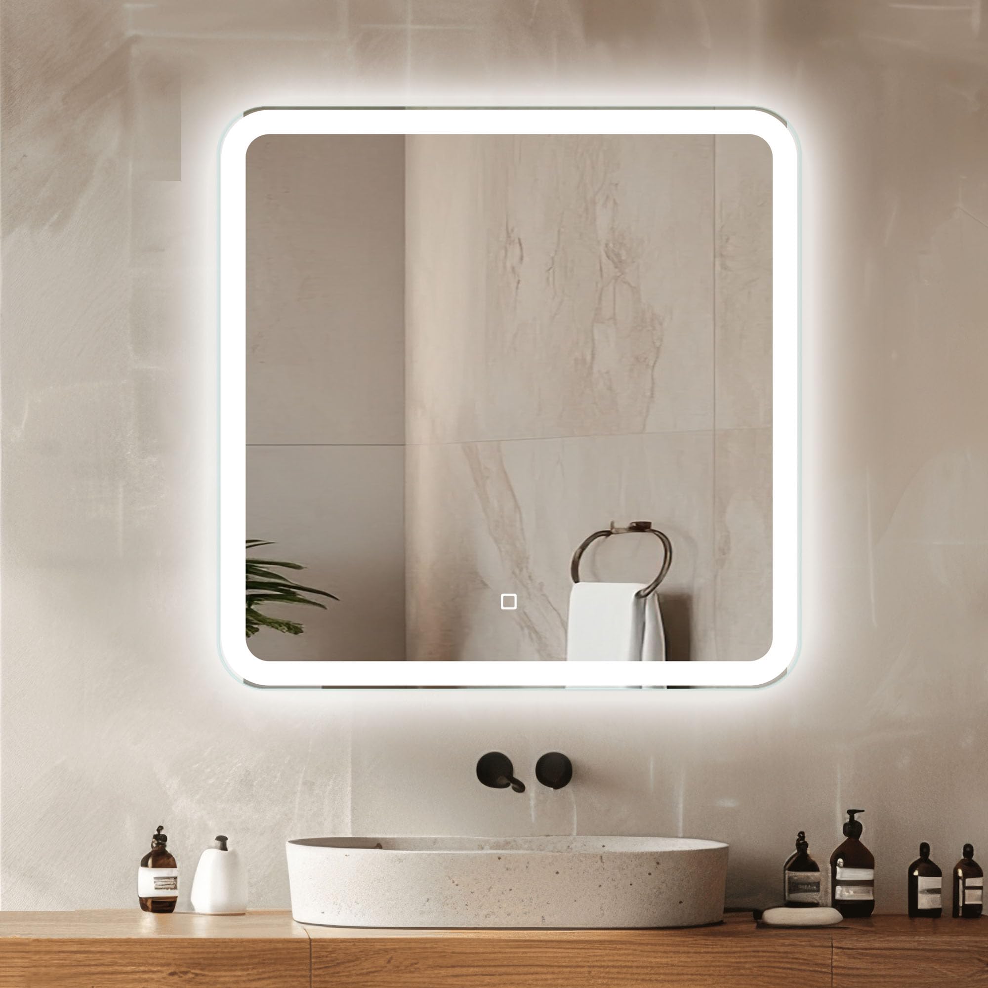 Venti Specchio Bagno Bagno Quadrato 60x60cm Luce LED, Specchio Bagno Retroilluminato, con Interruttore Touch, Angoli arrotondati con luce LED Frontale Bianca Naturale