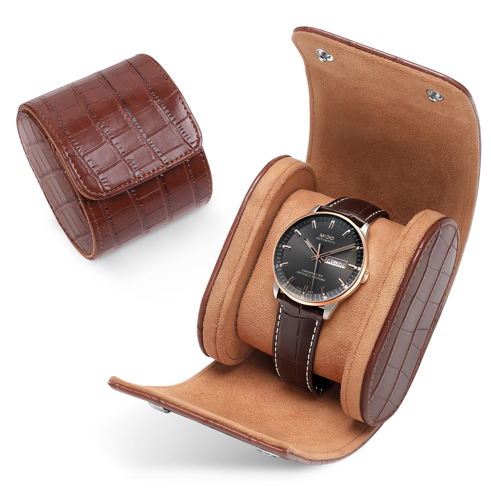 Coffret montres cuir pour 1 montres,Boite a Montre,simili cuir motif crocodile, coffret rangement luxe vintage, idéal pour les anniversaires, Noël, Saint-Valentin - (Brun foncé | 1 Fente)