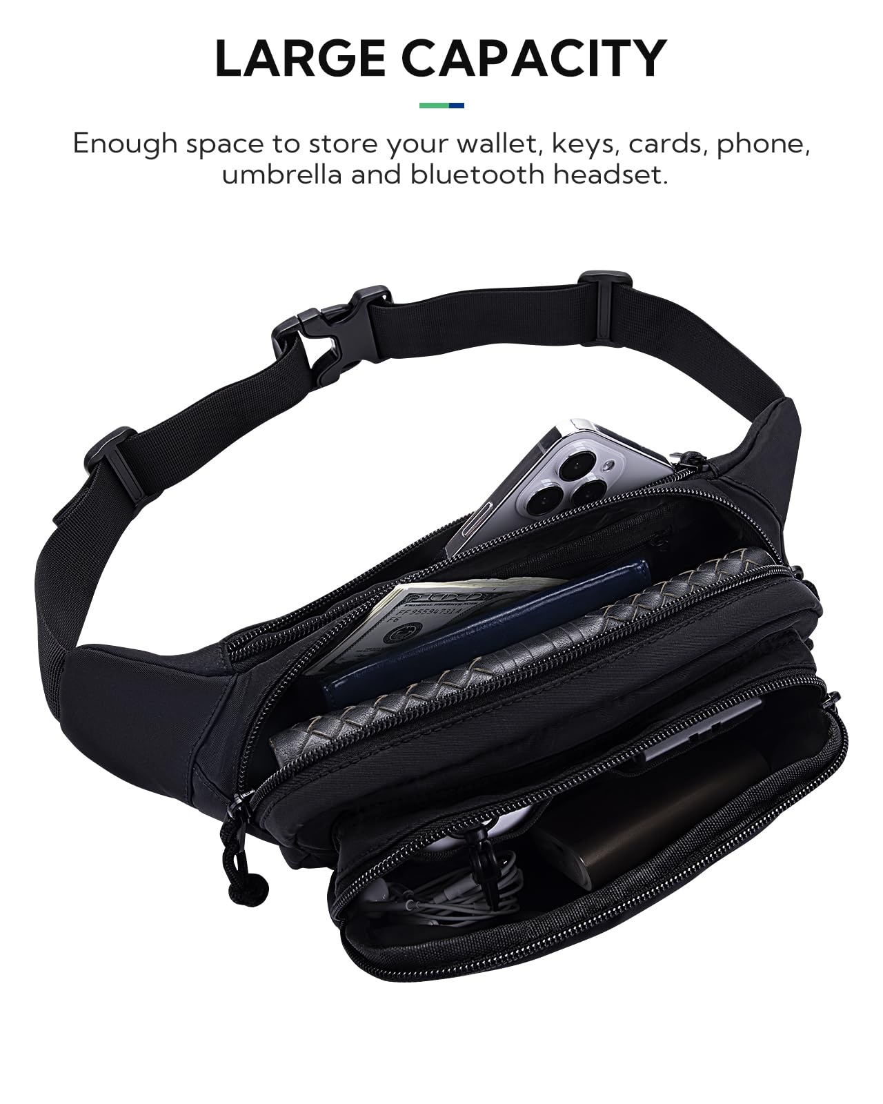 WATERFLY Marsupio: marsupio a tracolla per donne e uomini, con 7 tasche con cerniera, cinghia regolabile, marsupio per viaggi, ciclismo, corsa, escursionismo, Nero-01, Marsupio multitasche