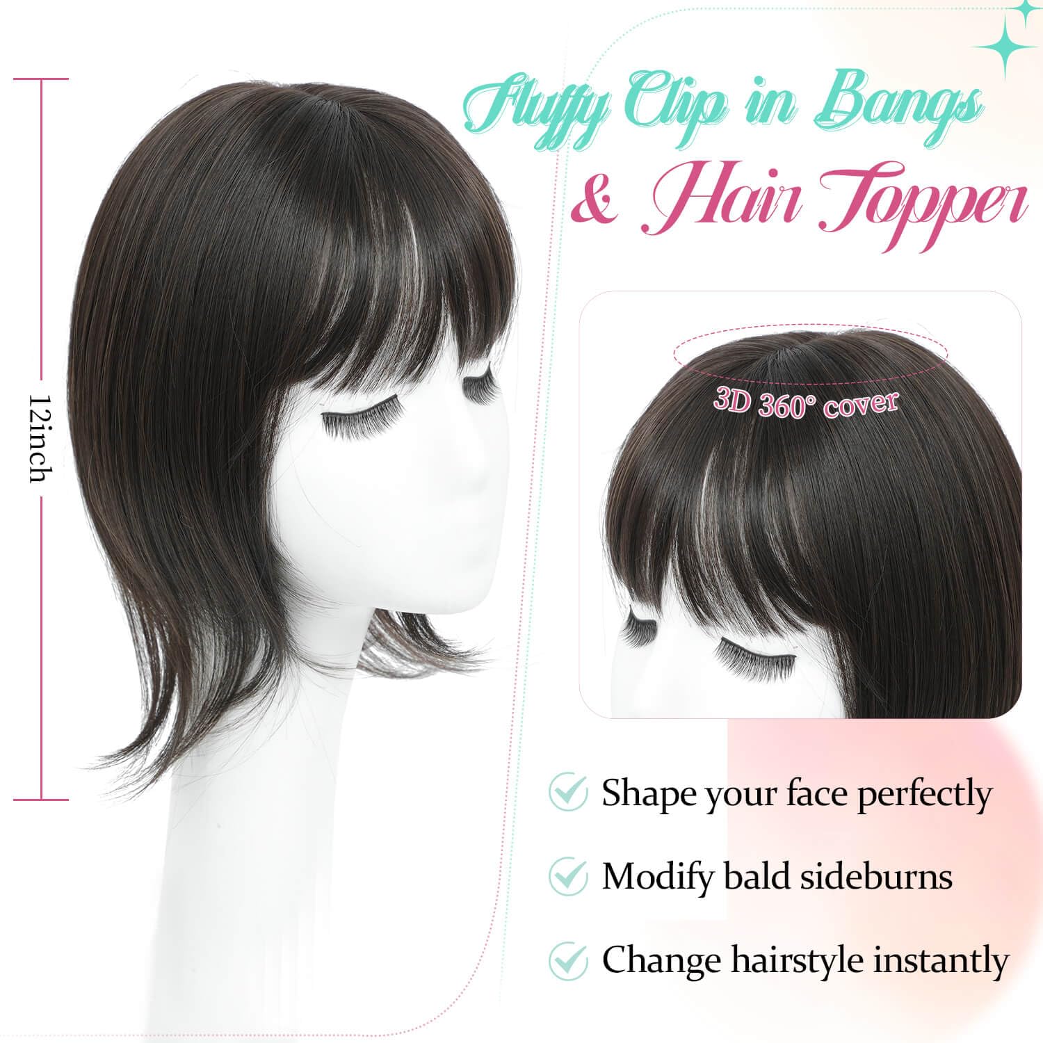 Peonymebeauty Fake Bangs Hair Toppers for Women 4"X5" Base Topper with 360°Clip in Fringe for Hair Loss 12 Inch Synthetic Fiber Wiglets Ladies Straight Hairpieces for Daily Use Add Volume(Dark Brown) - Image 2