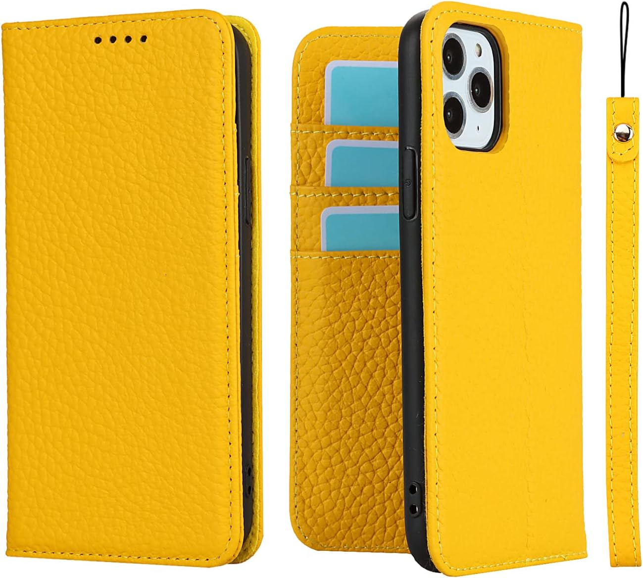 iCoverCase Compatible with iPhone 11 Pro Max Wallet Case with Credit Card Holder and Wrist Strap, RFID Blocking Genuine Leather Flip Magnetic Phone Cover 6.5 Inch (Yellow)