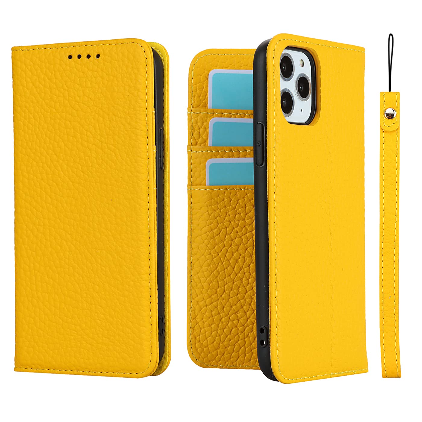 iCoverCase for iPhone 11 Pro Max Wallet Case with Credit Card Holder and Wrist Strap, RFID Blocking Genuine Leather Flip Folio Magnetic Phone Cover Case for iPhone 11 Pro Max 6.5 Inch (Yellow)