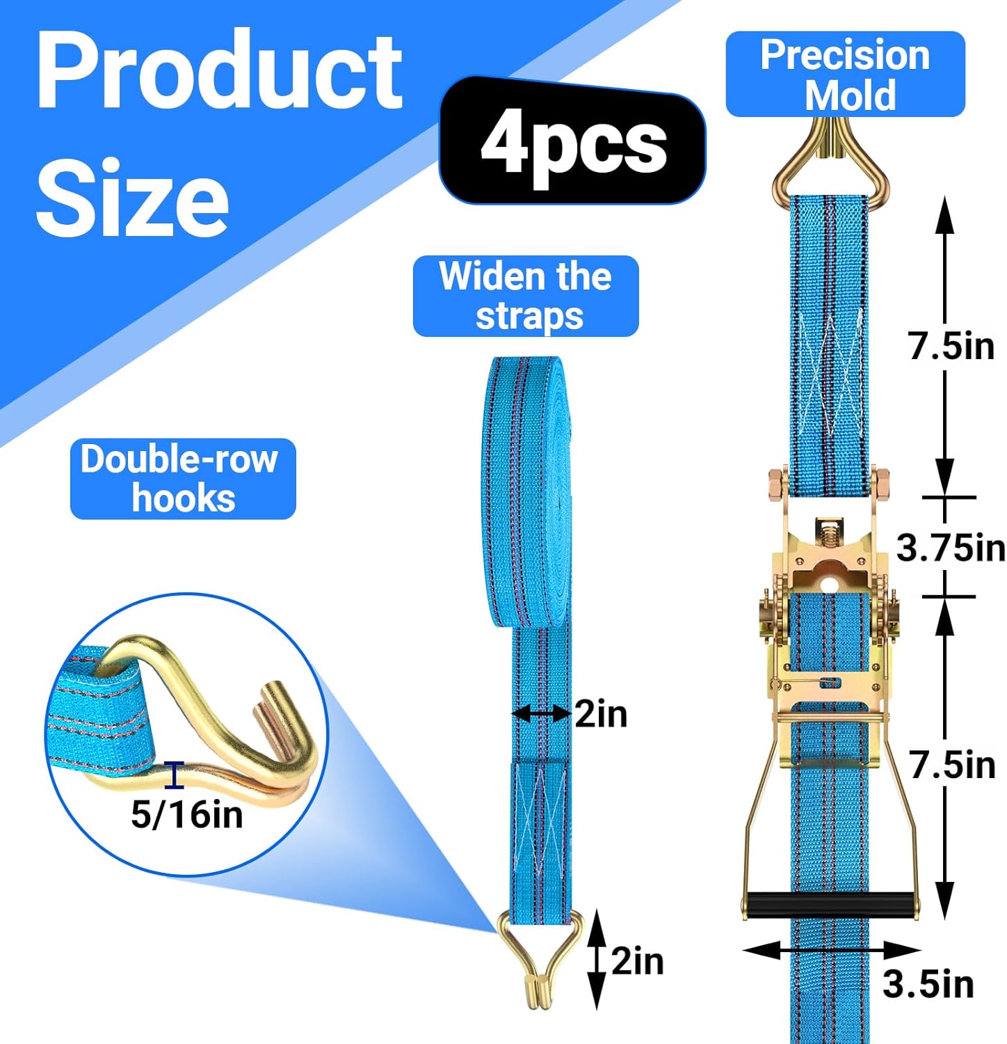 4Pack Heavy Duty Ratchet Straps, 2” 32Ft Ratchet Tie Down Strap, Tie Down Ratcheting with Double J Hook, 4000 LB Break Strength Cargo Straps Ratcheting for Moving Cargo, Lawn Equipment and Motorcycles - Image 2