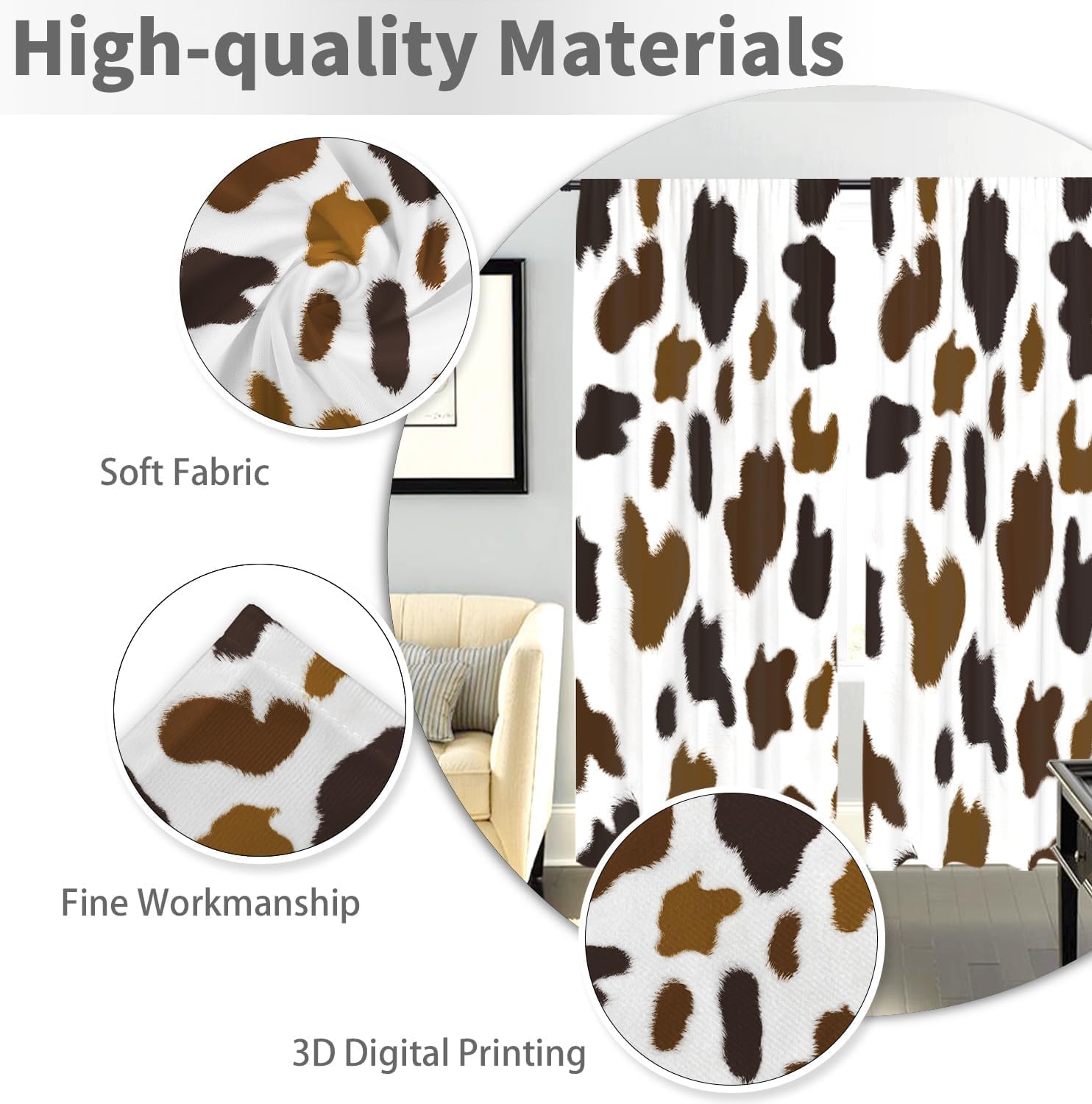 Cow Print Curtains Western Animal Brown Black White Cute Farmhouse Country Nursery Simple Kids 42W x 63L Inches Rod Pocket for Bedroom Living Dining Room Window Drapes Treatment Fabric 2 Panels