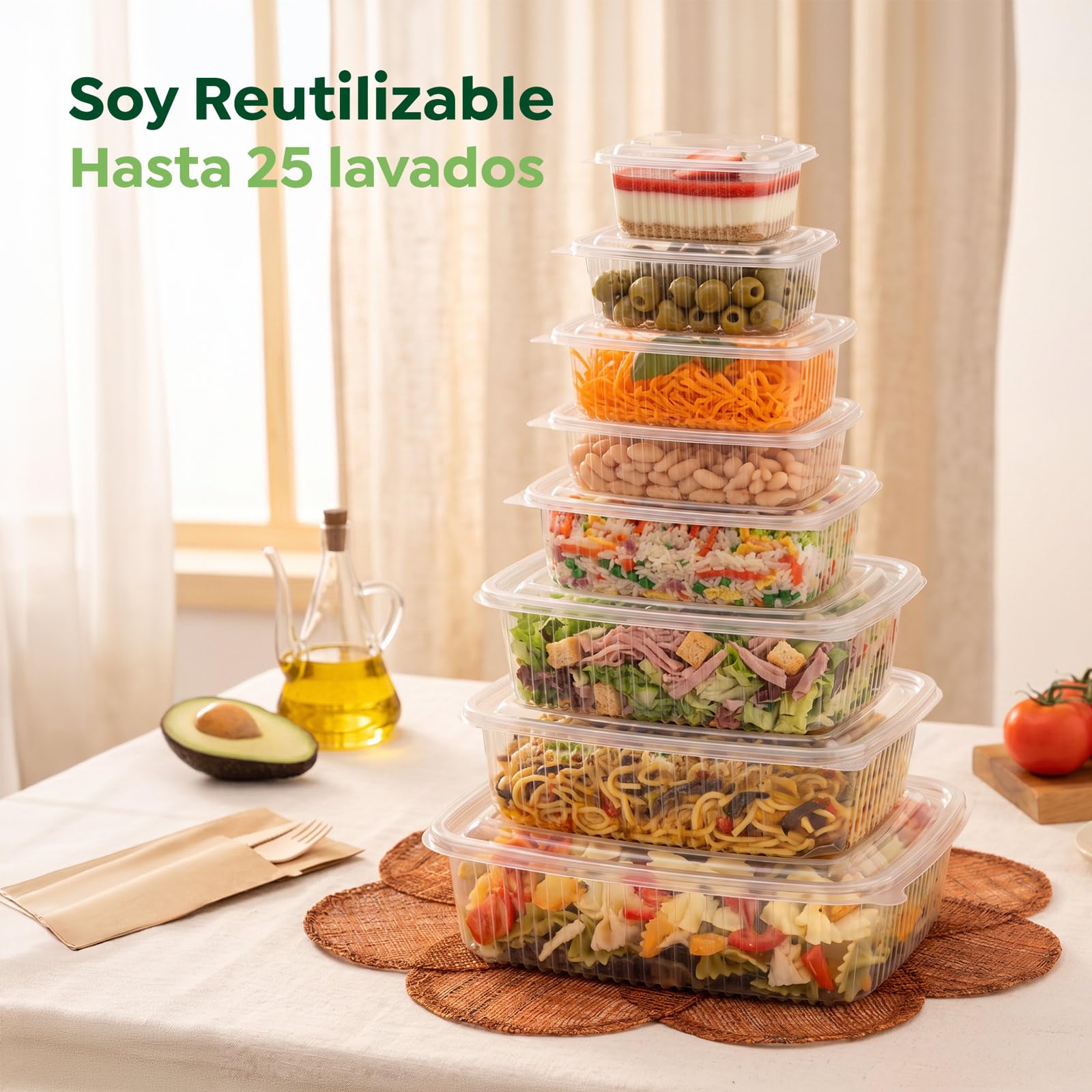 MAXI PRODUCT - 100 Unidades - Envases Alimentarios Plástico PP Reutilizables con Tapa Bisagra - 2000 cc - Apto para Microondas, Congelador y Lavavajillas - Tuppers para Alimentos Calientes o Fríos