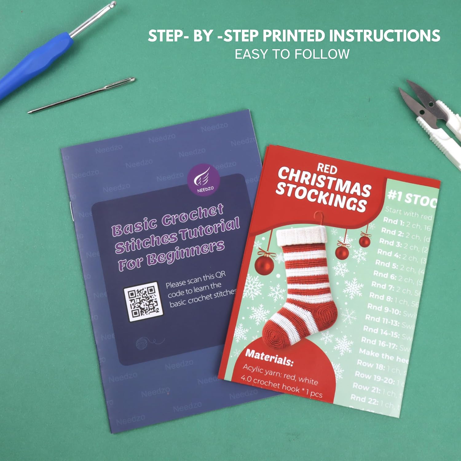 Needzo Red Christmas Stocking Crochet Kit, DIY Amigurumi Craft Knitting Starter Set, Step-by-Step Video Tutorials and Printed Instructions, Extra Yarn for Name