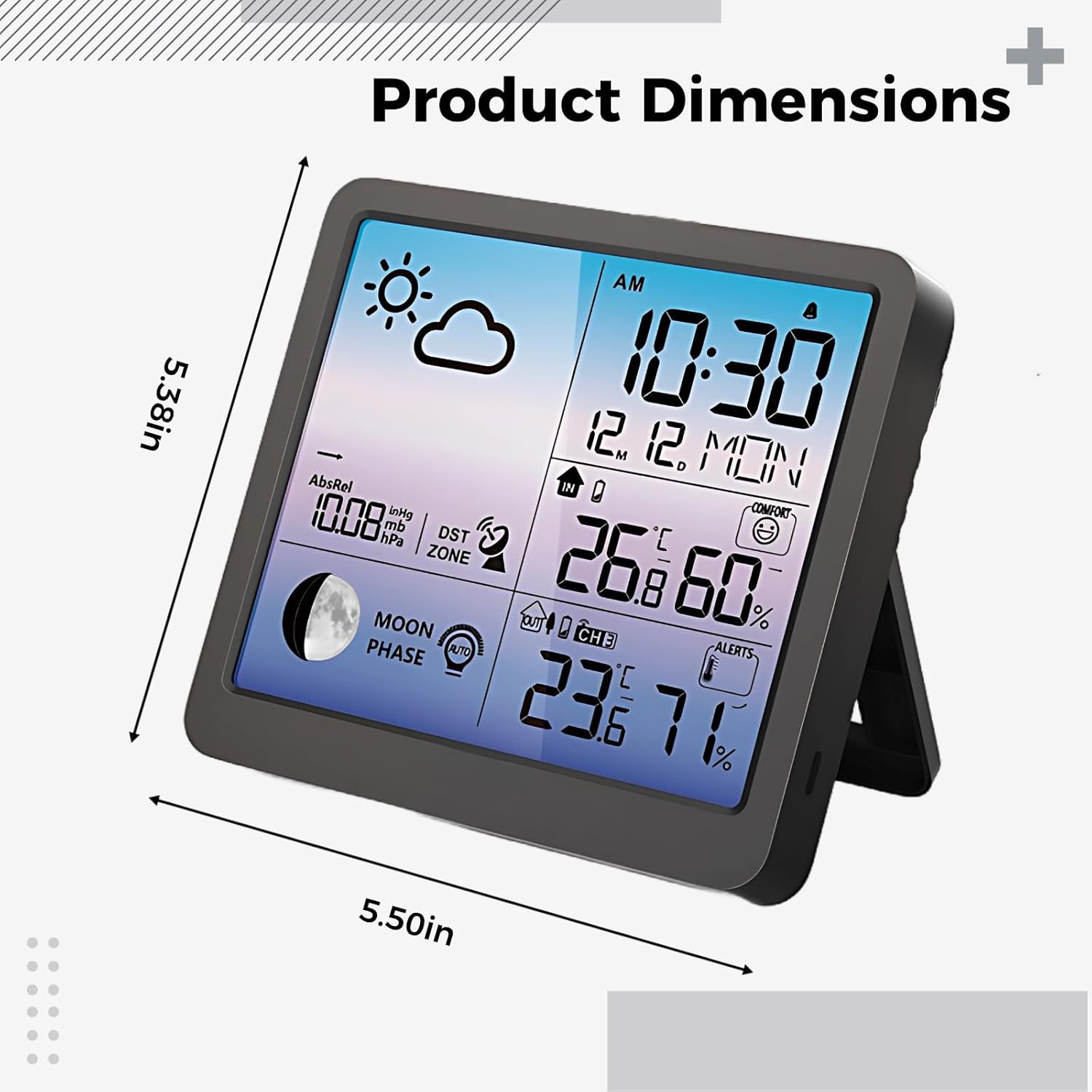Wireless Weather Forecast Clock with Atomic Time, Thermometer Humidity Monitor, Digital Color Display, and Barometer