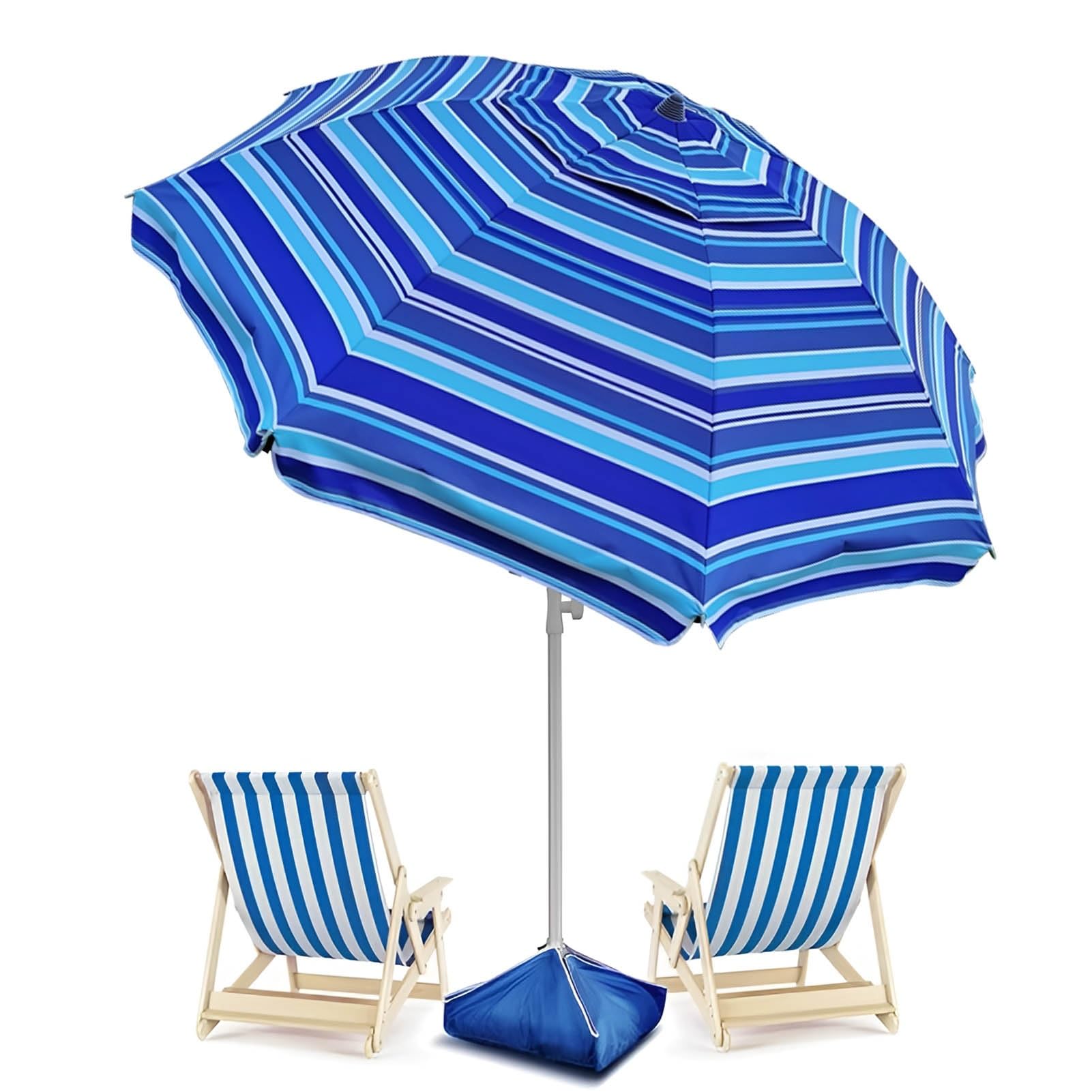 220cm Przechylny Parasol Plażowy, Wodoodporny z Filtrem UV 50+, Osłona Słoneczna do Ogrodu, Basenu i Podwórka, Niebieskie Paski