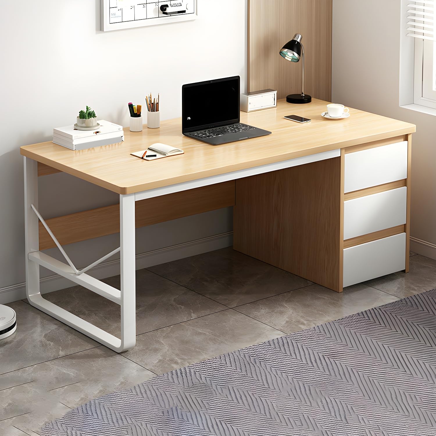 LITFAD Modern Wood Writing Desk with 3 Drawers Standard Height Rectangular Office Desk Computer Desk - Perfect for Office or Home Use - Without Chairs Natural Beige 47" L x 19" W x 30" H