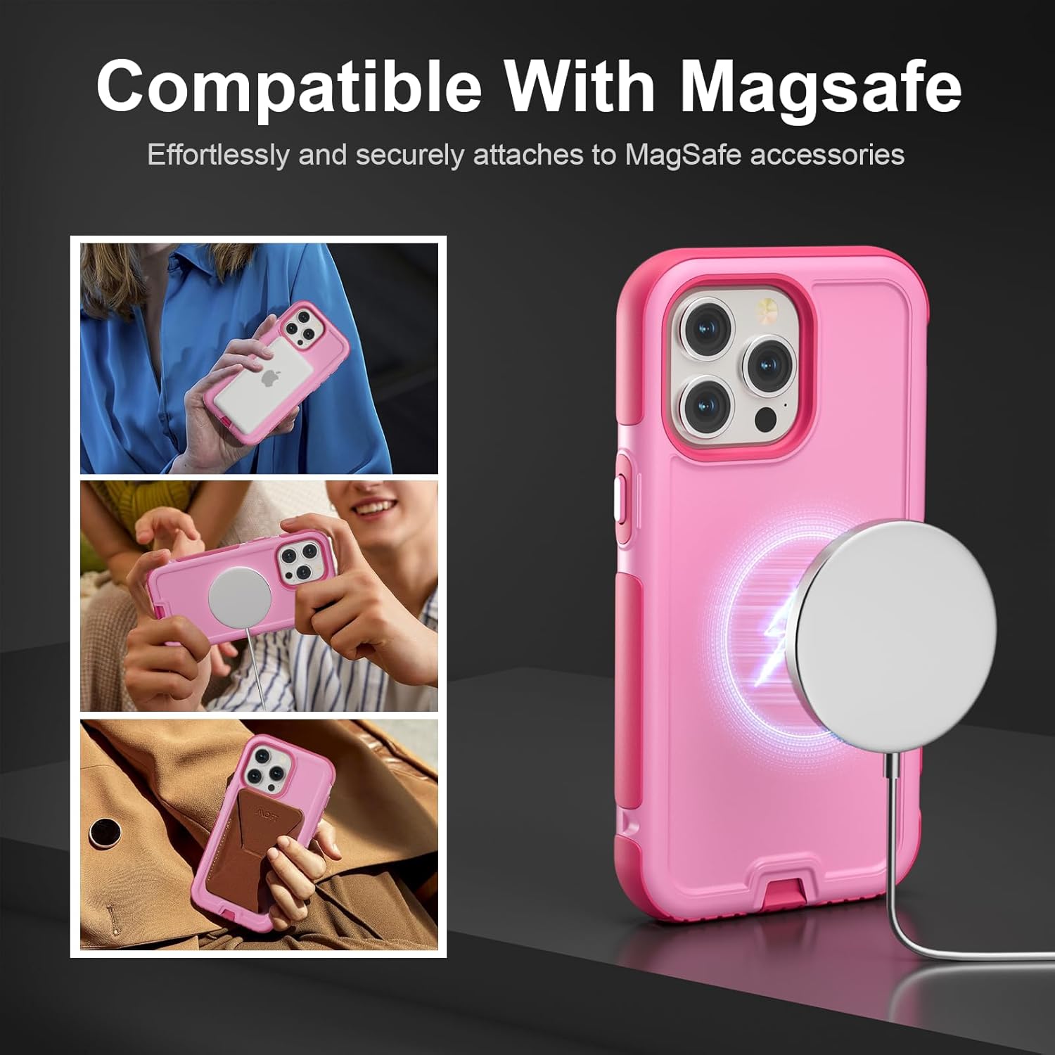 Follaroma for iPhone 15 Pro Max Case, Compatible with MagSafe, Heavy Duty Shockproof Protective Phone Case, Anti-Drop Protection, Dual Layer Magnetic Phone Cover for iPhone 15 Pro Max, 6.7", Pink