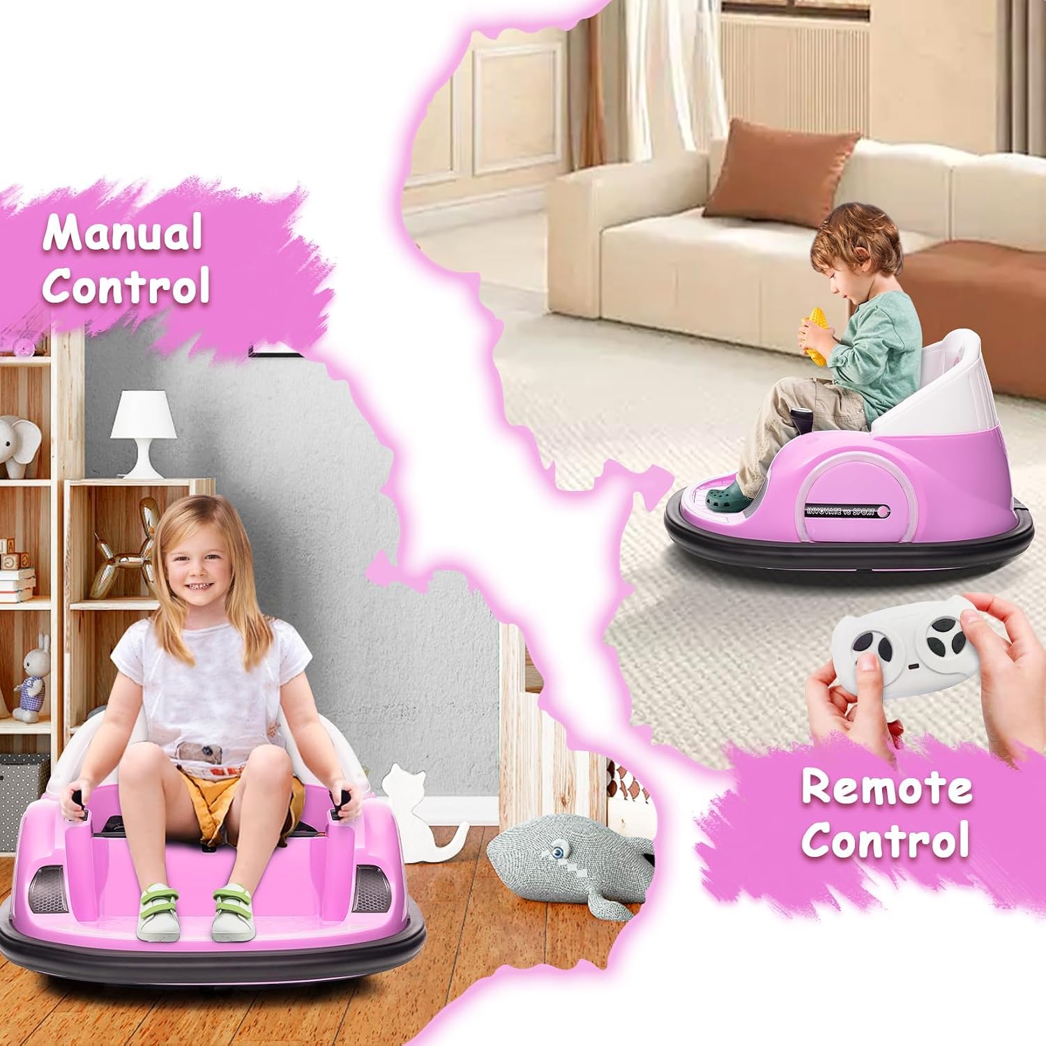 GarveeLife 12V Kids Ride On Bumper Car Toddlers Electric Bumping Car Battery Powered Ride On Toy with Remote Control, Battery Display, 360°Spin, LED Lights, Music, Pink