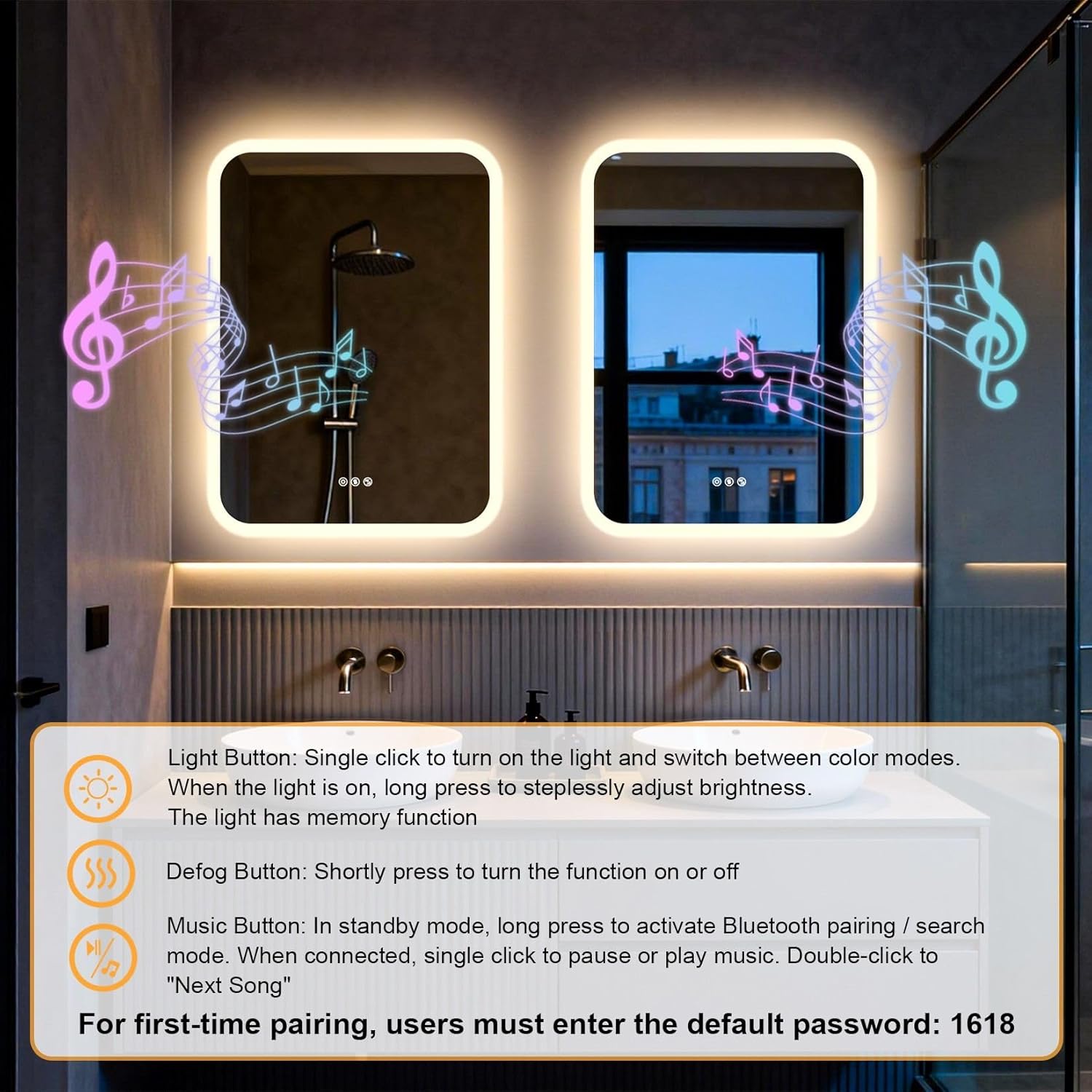LUVODI Rectangle LED Bathroom Mirror: Smart Bluetooth Vanity Mirror Front-Lit Defogger Stepless Dimming, 31.5x23.6 inch