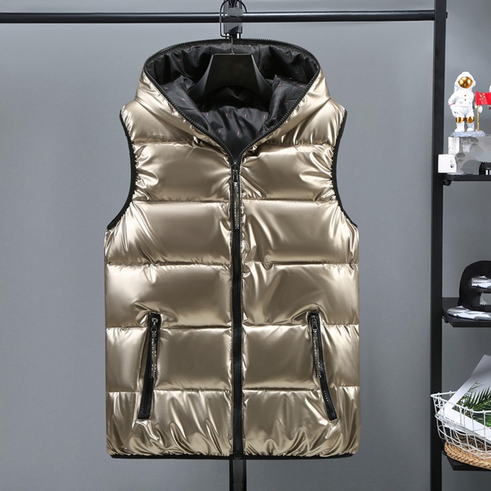 Gilet Chaud d'hiver pour Femme – Gilet en Duvet Doré Brillant pour Femme, Doudoune Épaisse sans Manches, Vêtements d'hiver Amples, Veste De Ski en Plein Air, Gilet À Capuche Coupe-Vent
