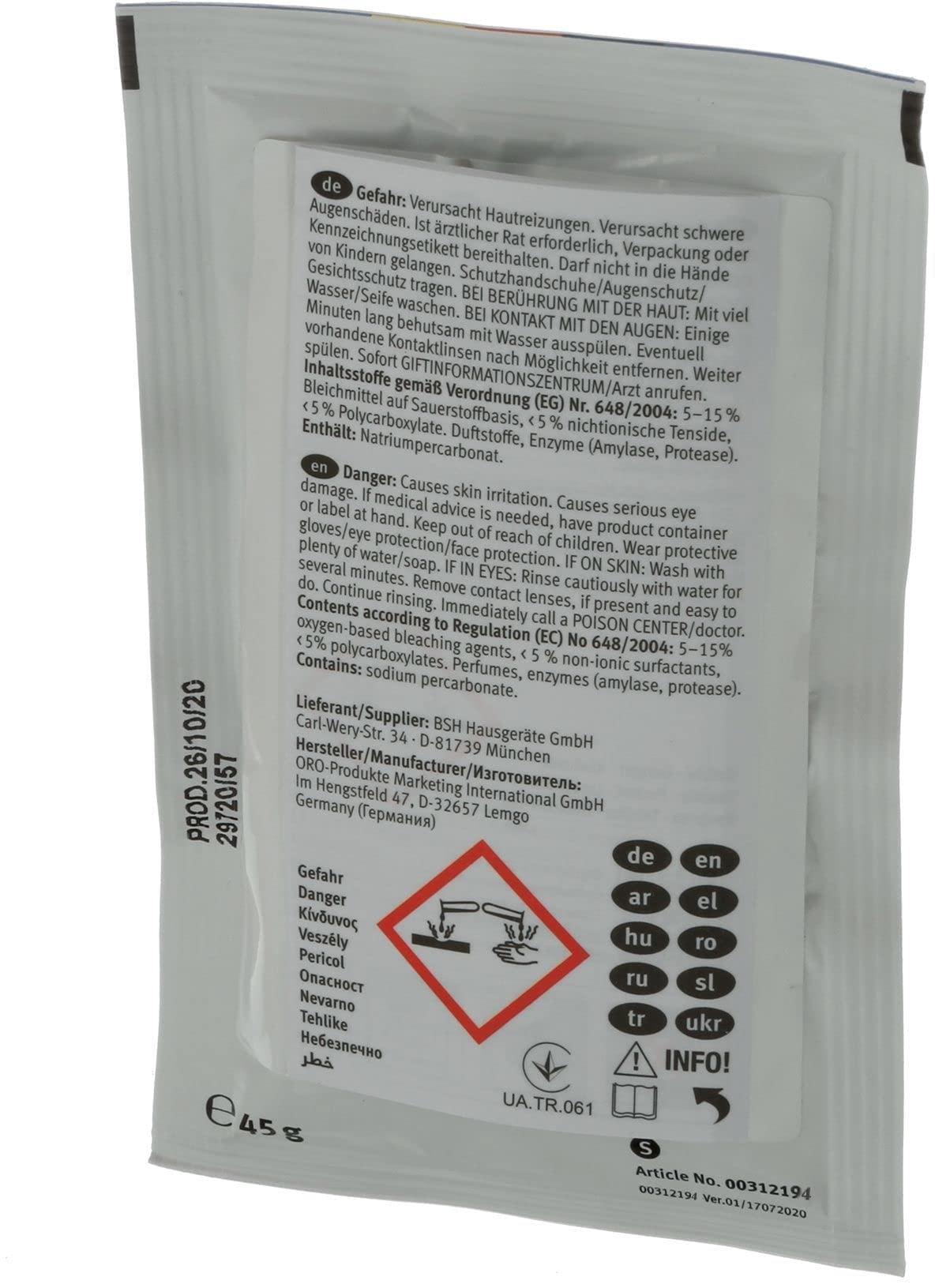 Desengrasante limpiador lavavajillas 9 sobres de 45 gr 00312193 compatible con Bosch, Siemens, Neff Gaggenau, elimina olores, incrustaciones grasas, residuos, con llavero fluorescente de regalo