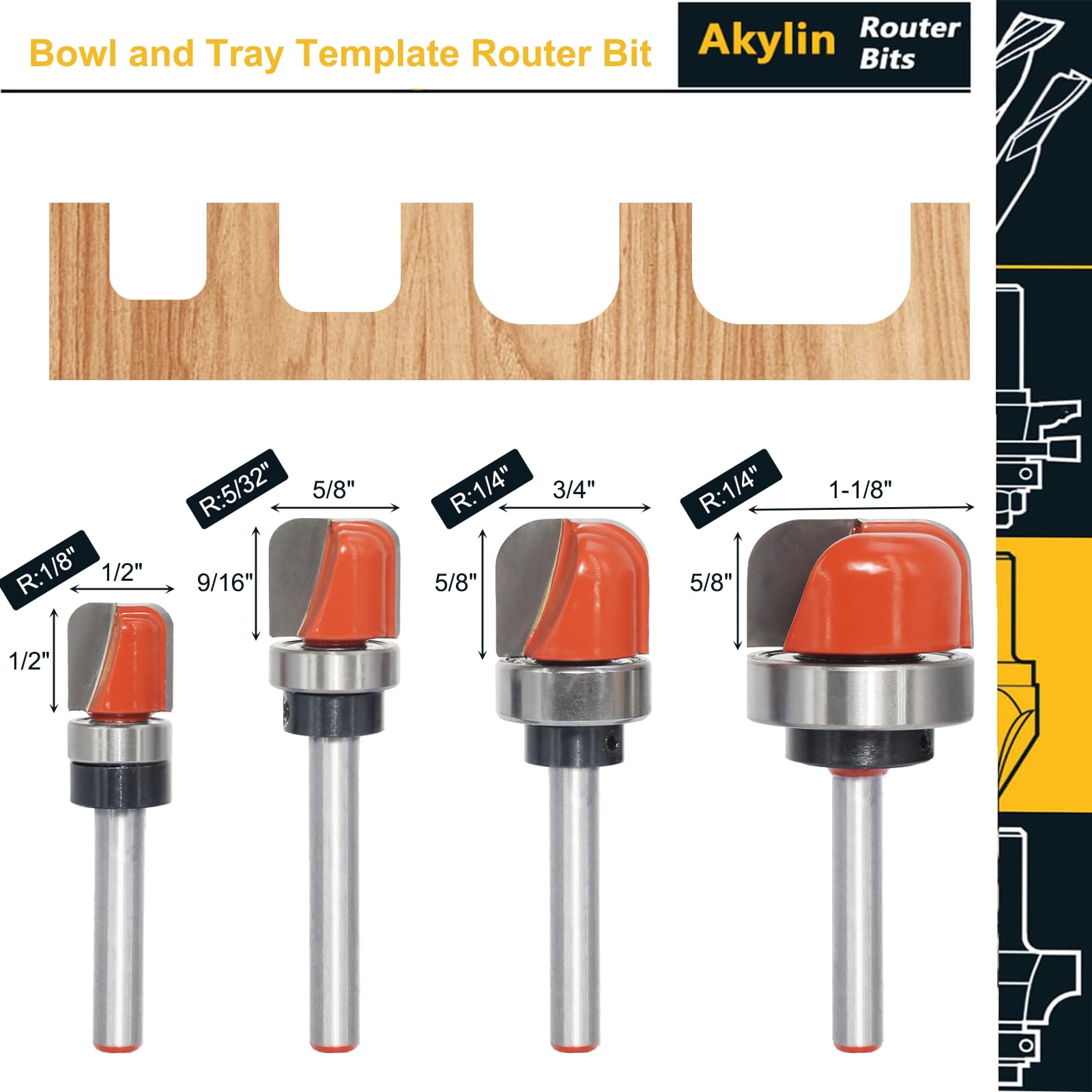 Akylin Dish Carving Router Bits, 1/4 Inch Shank Bowl and Tray Template Router Bit Set including Ball Bearing - Image 2