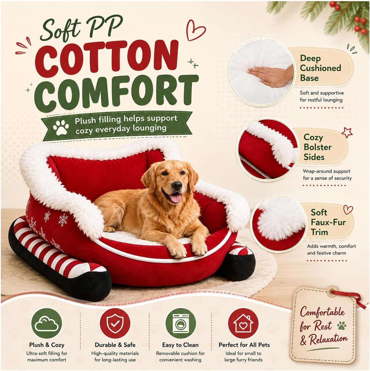 Cama para Gatos de Navidad,Cama para Perros,Cama navideña para Perros con Forma de Trineo de Papá Noel,Trineo de Navidad,Nido de Peluche,para Dormitorio,Salón,Invierno,Casa