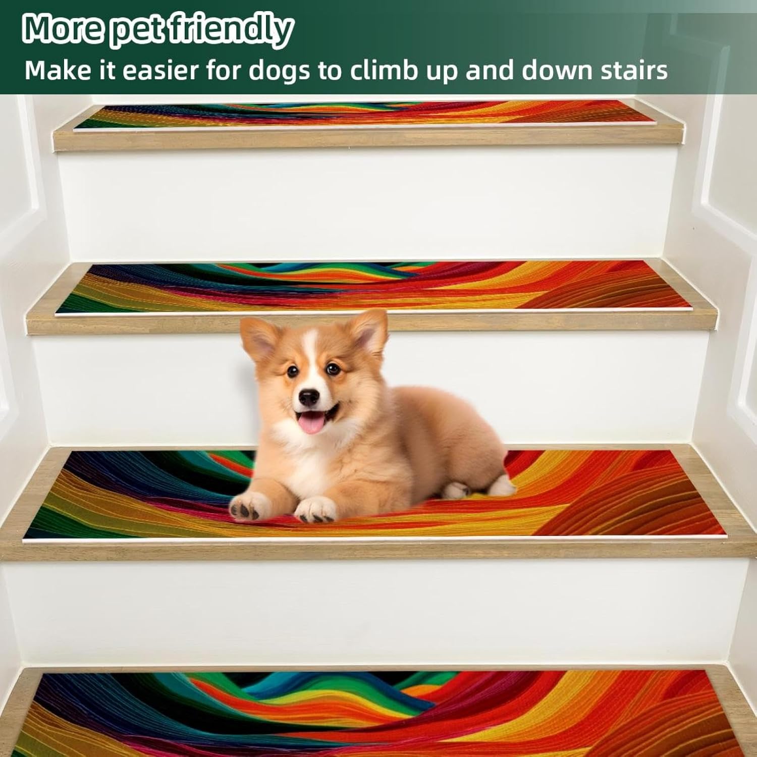 Colourful Rainbow Stripes Wave Carpet Stair Treads for Wooden Steps Indoor, 15 Pack Slip Resistant Stair Rug Staircase Step Treads Pads for Pet, Kids and Elderly