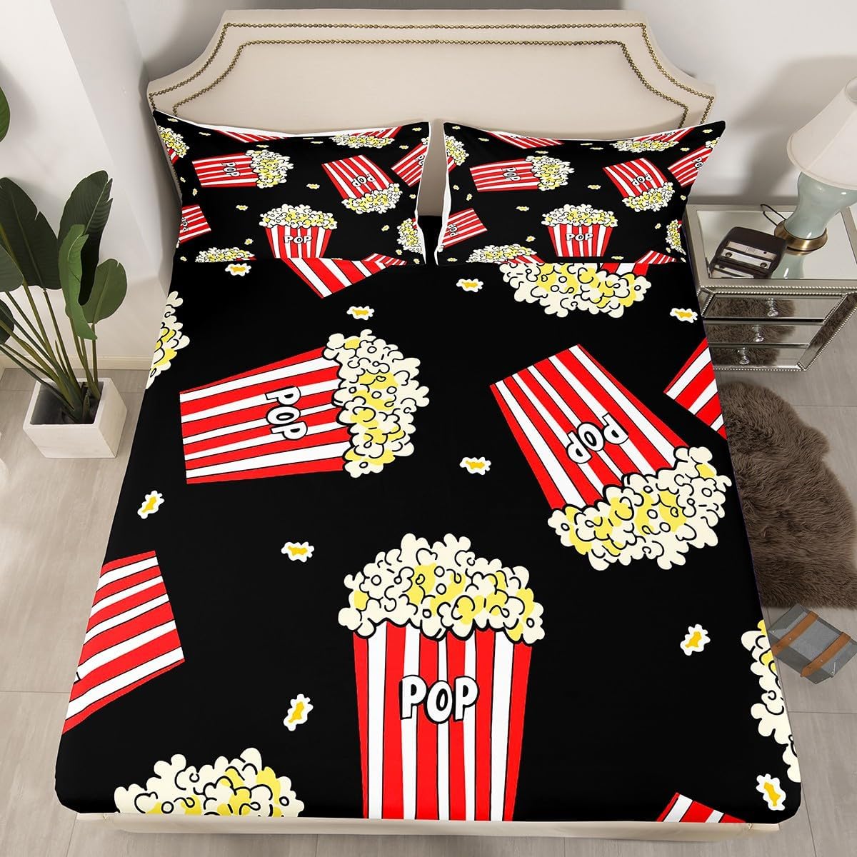 Popcorn Bed Sheet Set Cinema Poster Fitted Sheet for Kids Boys Girls Teens Decor Movie Theater Food Bedding Set Old Fashion Home Decor Black Red Bed Cover 3Pcs Queen Size