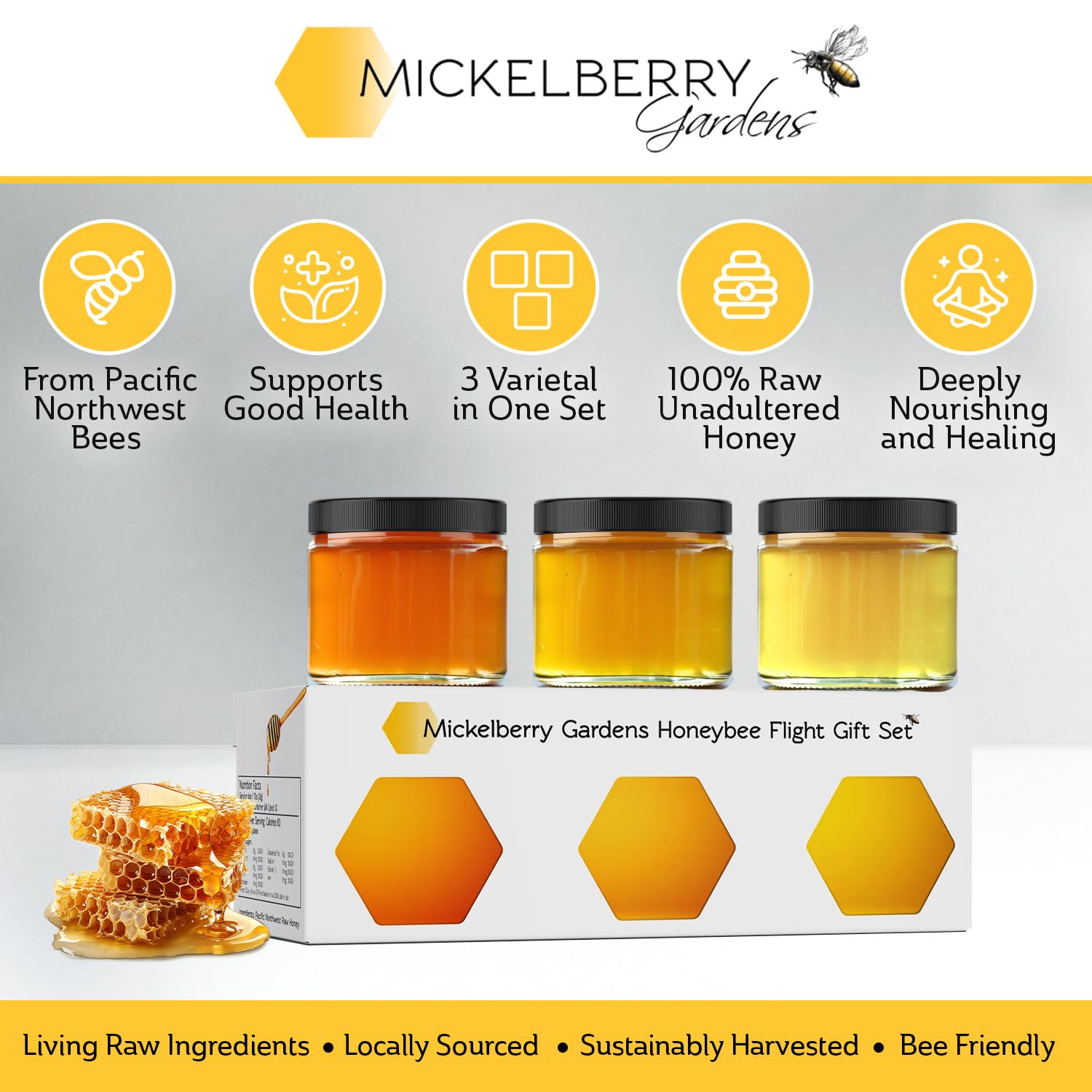 Mickelberry Gardens Honeybee Flight Gift Set – 3 Jar Honey Flight (3 × 3 oz) Featuring Wildflower & Blackberry Honeys – Pure, Local, Raw, Ready to Gift – Made in the USA