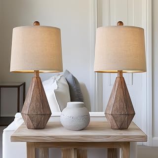 PoKat 20.25" Retro Farmhouse Table Lamps Set of 2 - Rustic Linen Bedside Nightstand Lamps for Bedroom, Living Room, Small Spaces