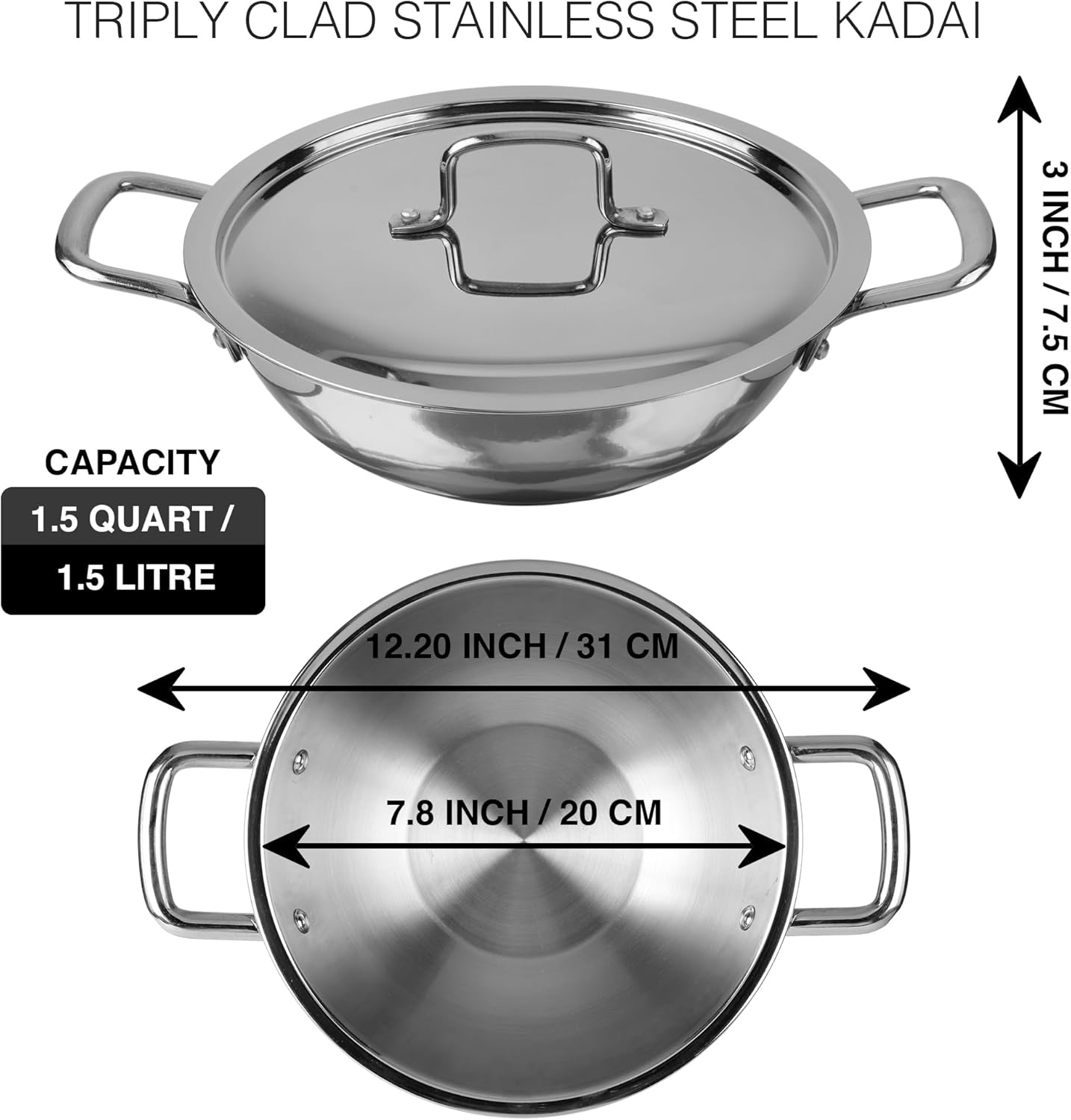 1.5-Quart Tri-Ply Stainless Steel Kadai with Lid, Less Oil Use, Healthy Cooking, Food Safe, Stay Cool Handles, Compatible with All Modern Cooktops, Oven-Safe, Dishwasher-Friendly