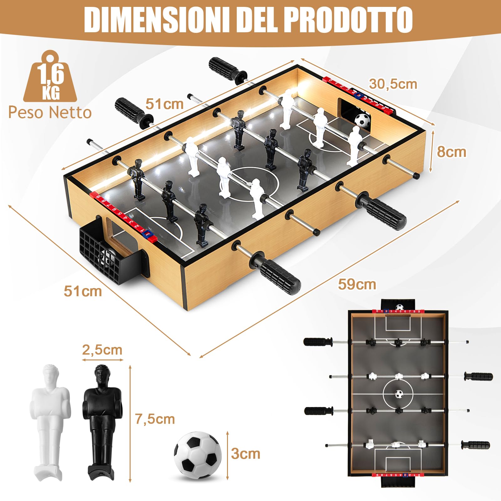 RELAX4LIFE Mini Calcio Balilla con 4 Aste, Segnapunti e 2 Palline, per Bambini e Adulti, per Feste