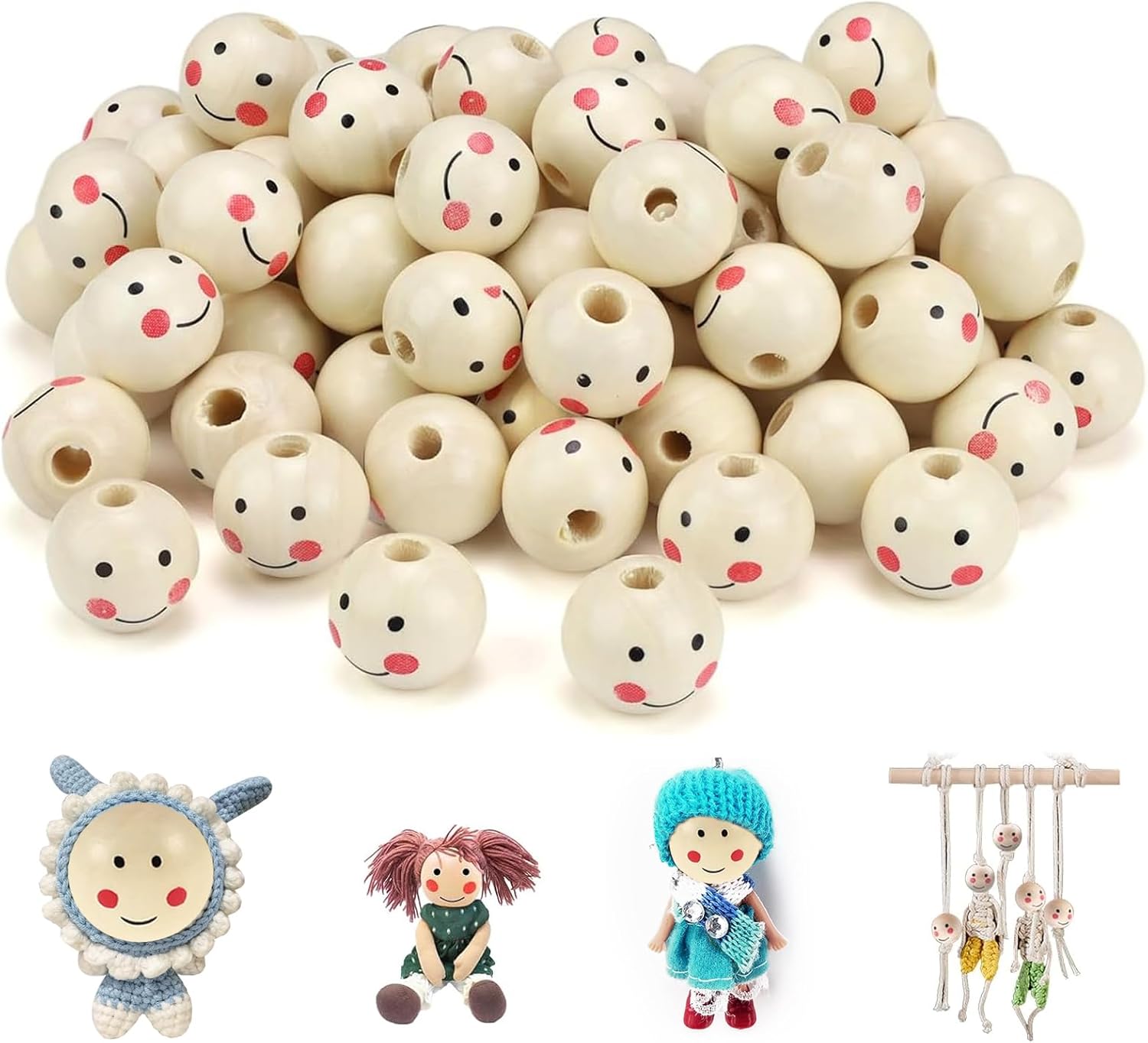 LIMEOW 120 Stück Smiley Holzperlen - 20mm Mit Löchern Für DIY Schmuck
