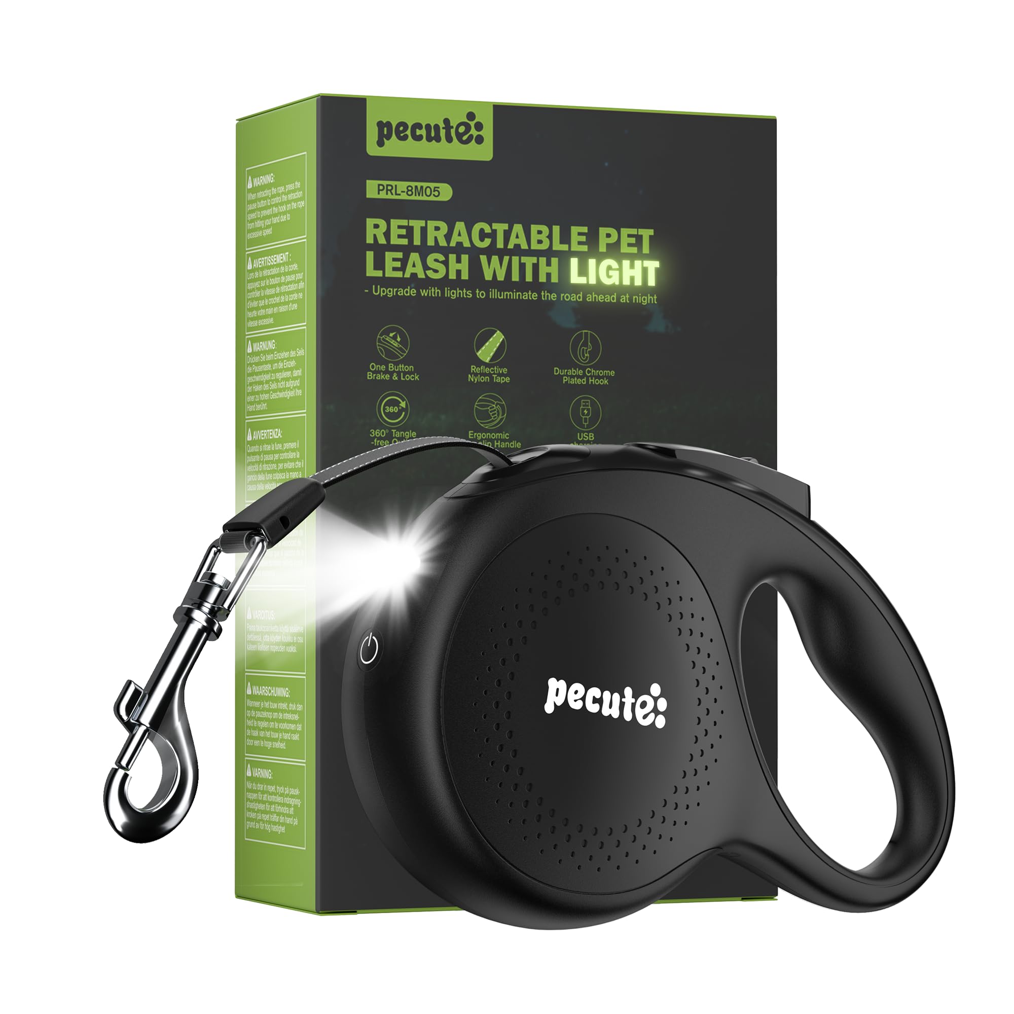 Pecute Hundeleine 8m, Rollleine für Hunde mit LED-Licht, 360° Verknotungsfreier verlängerter Leine, Wiederaufladbarem, Rutschfestem Griff und Schnellbremsknopf, für Große bis zu 50 kg Gewicht
