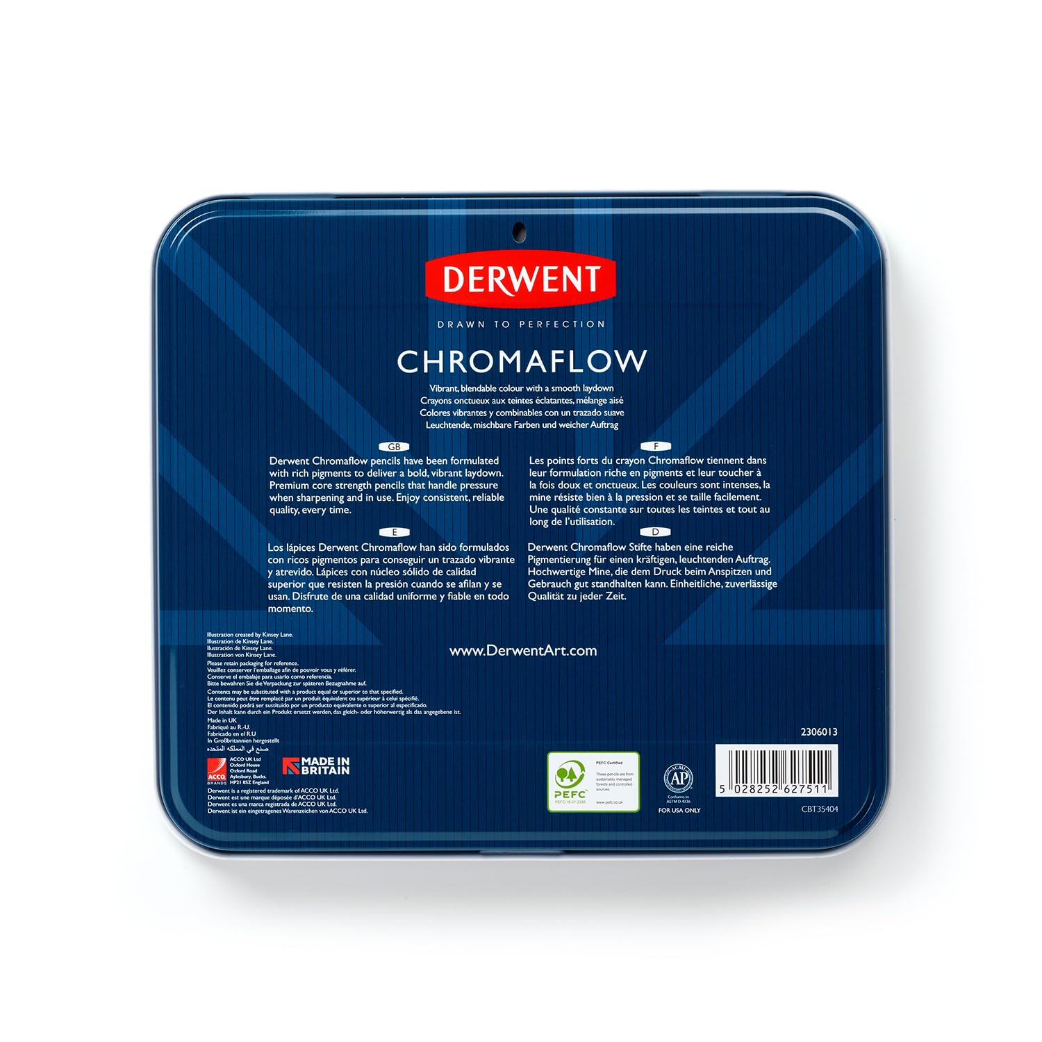 Derwent Chromaflow Buntstifte im 48er Set in Metallbox, 3,5 mm Minenstärke, Mischbar mit Geschmeidiger Textur, Ideal zum Zeichnen, Ausmalen und Layering, Professionelle Qualität, 2306013