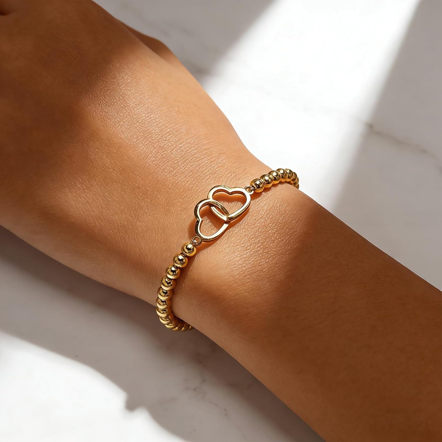 Gold Silver Heart Ball Seed Beaded Bracelets For Women,Handmade Boho Romantic Stretch Accessories Jewelry, Daily Wear Vacation Holiday Party Valentine's Friendship Gift - Image 2